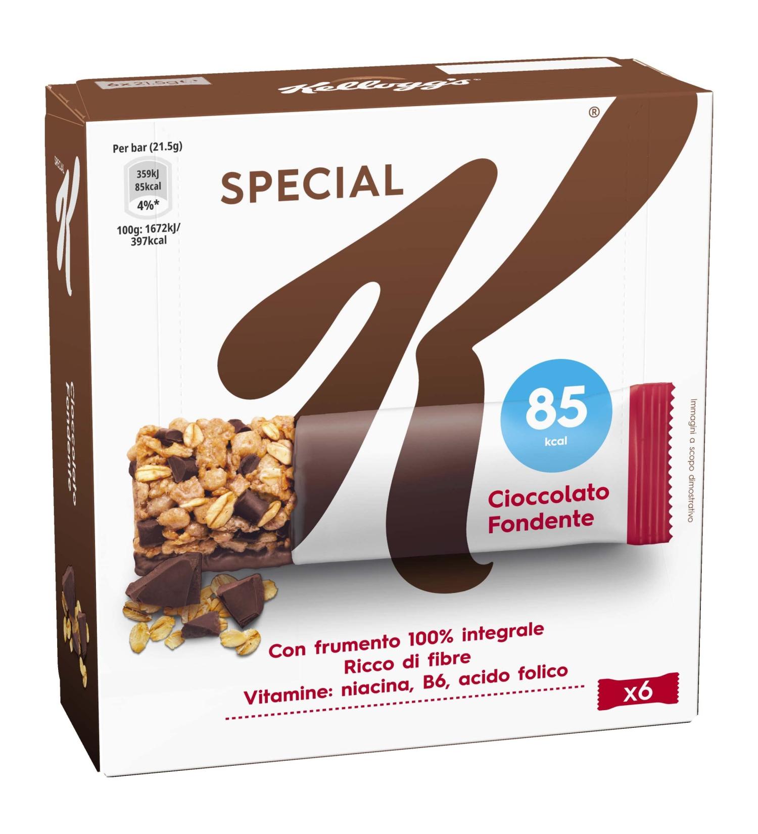Kellogg's Barre sp ciale K | Saveur chocolat noir | Flocons multic r ales croustillantes avec de d licieuses boucles de chocolat | 100 % bl entier | 6 barres de 21 5 g (lot de 129 g) 6 Unit (Confezione da 1) - Buy Online on GoSupps.com