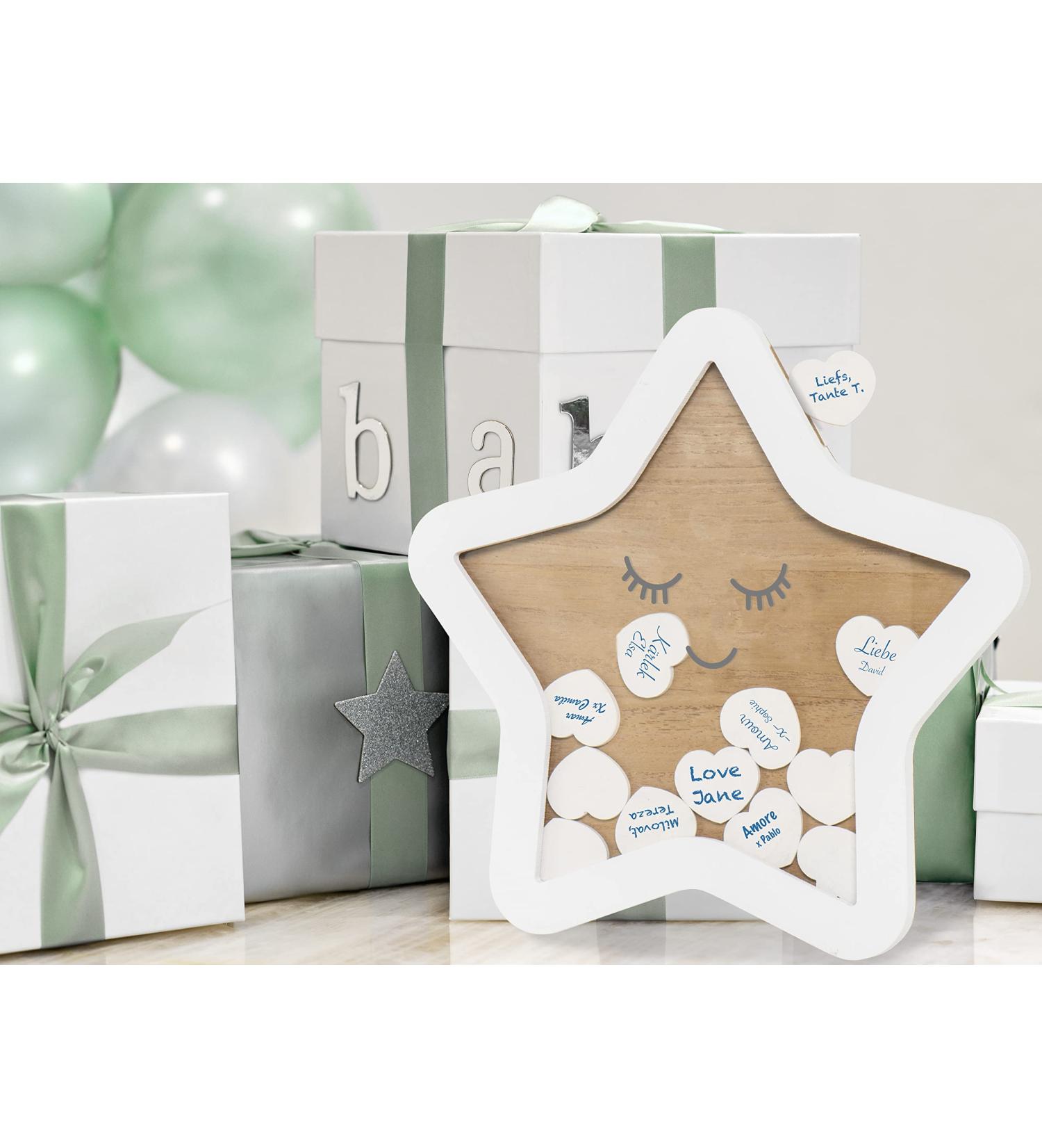 Wishing Star Guestbook for Baby - Perfect Baby Shower Gift Accessory - 25 Descriptive Hearts - White MDF Wood - Ideal Gift for Birth - Buy Online on GoSupps.com
