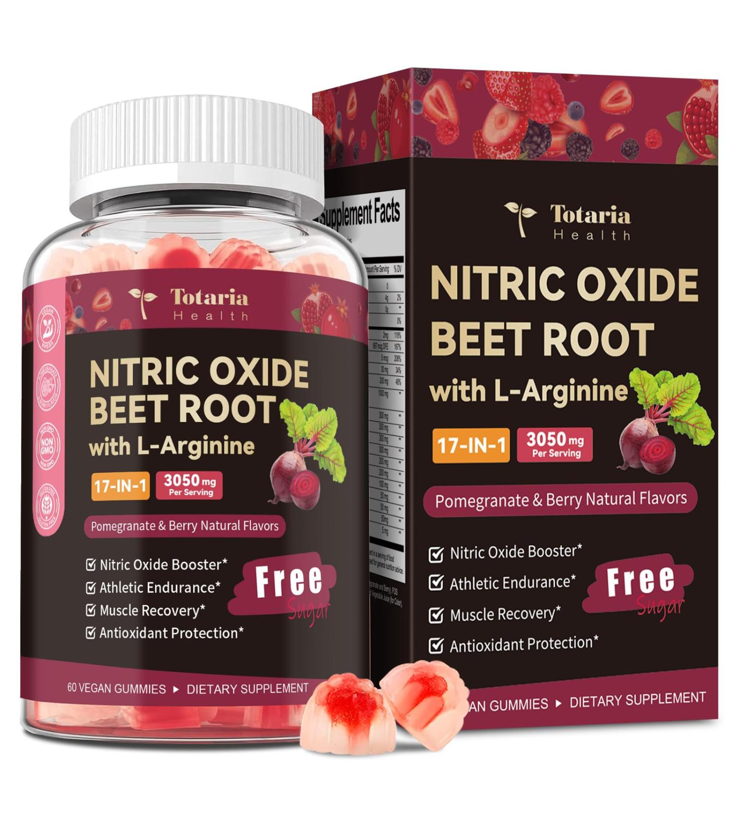 Beet Root Nitric Oxide Booster Gummies with L-Arginine, L-Citrulline, Grape Seed, Pomegranate for Man & Woman Pre Workout - Heart, Energy, Muscle & Circulation Support Vegan, NON-GMO, Sugar Free 60 Count (Pack of 1) - Buy Online on GoSupps.com