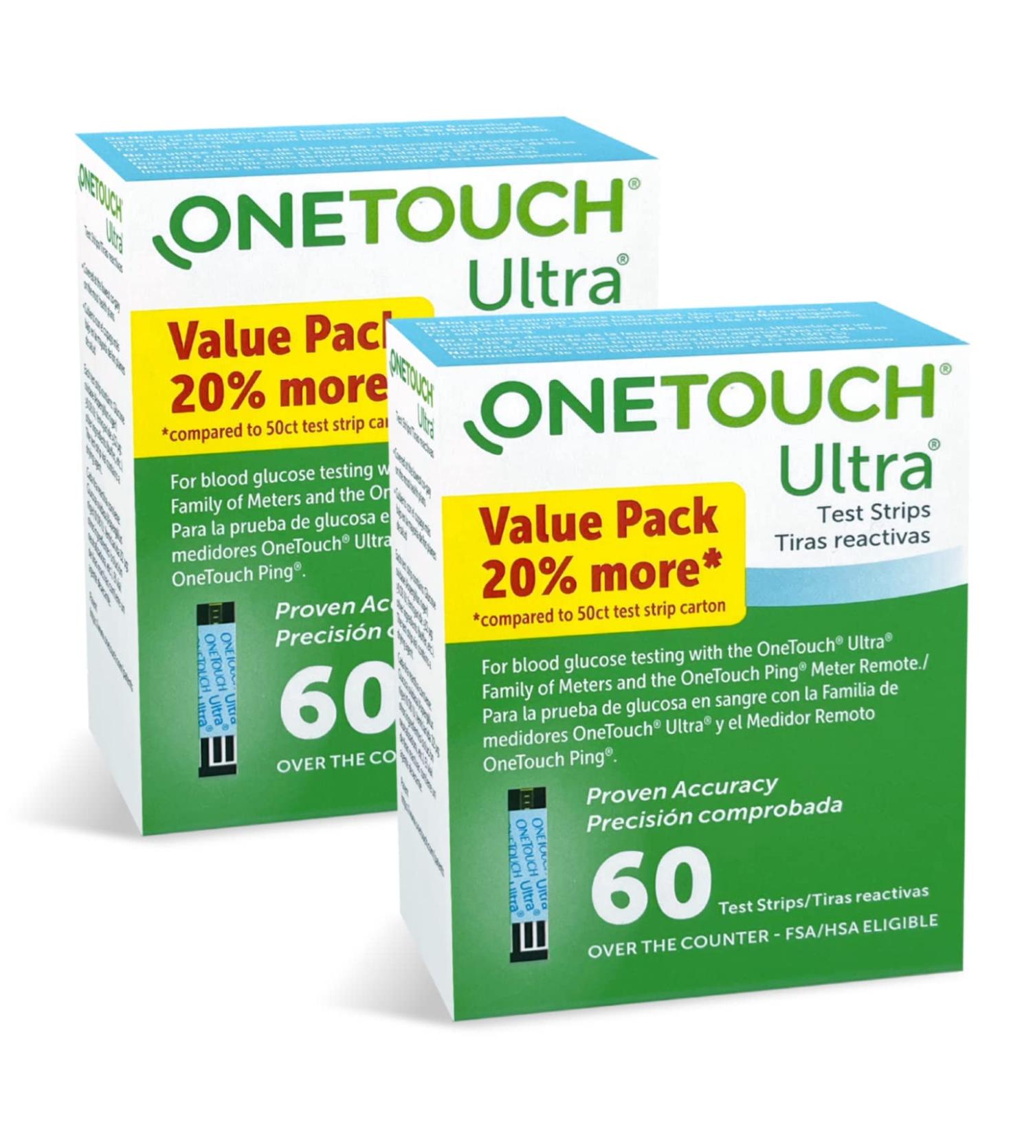 120 OneTouch Ultra Test Strips for Diabetes | 2 Boxes of 60 Count Glucose Test Strips | Diabetic Blood Sugar Monitor Supplies - Buy Online on GoSupps.com