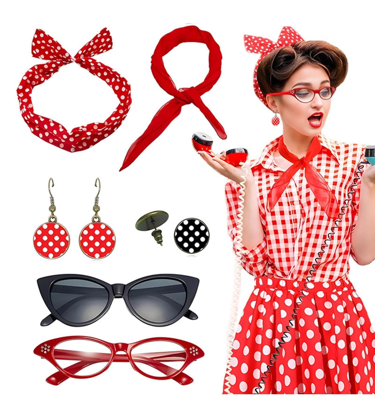 Dyeulget 50s Costumes for Women 1950s Headbands and Drop Earrings Set | Cat Eye Glasses with Vintage Polka Dot Hair Bands and Headband for Women Red One Size - Buy Online on GoSupps.com