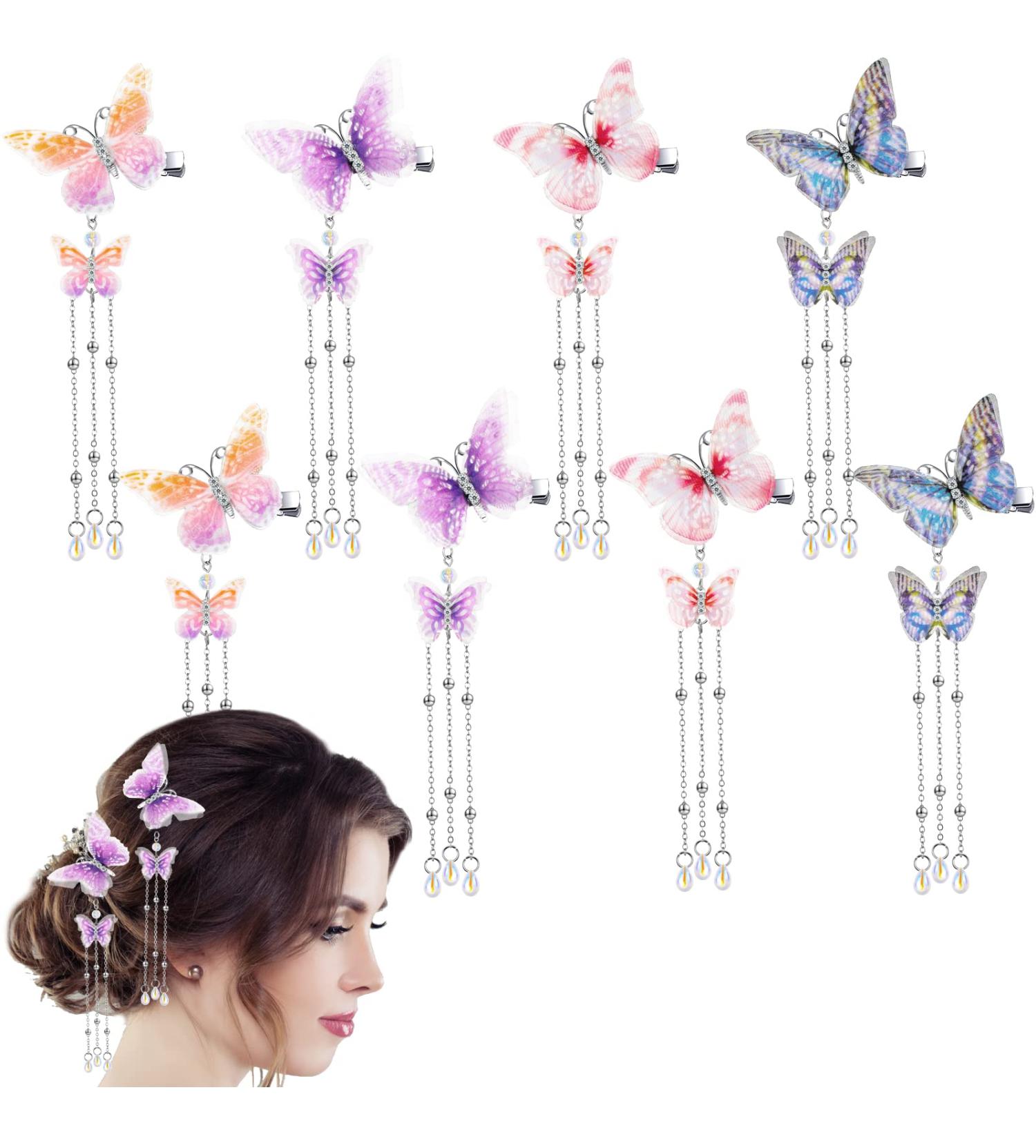 Bright Color Butterfly Hair Clips - 8 Pcs Tassel Organza Hair Pins for Women & Girls | Wedding Hair Accessories - Buy Online on GoSupps.com