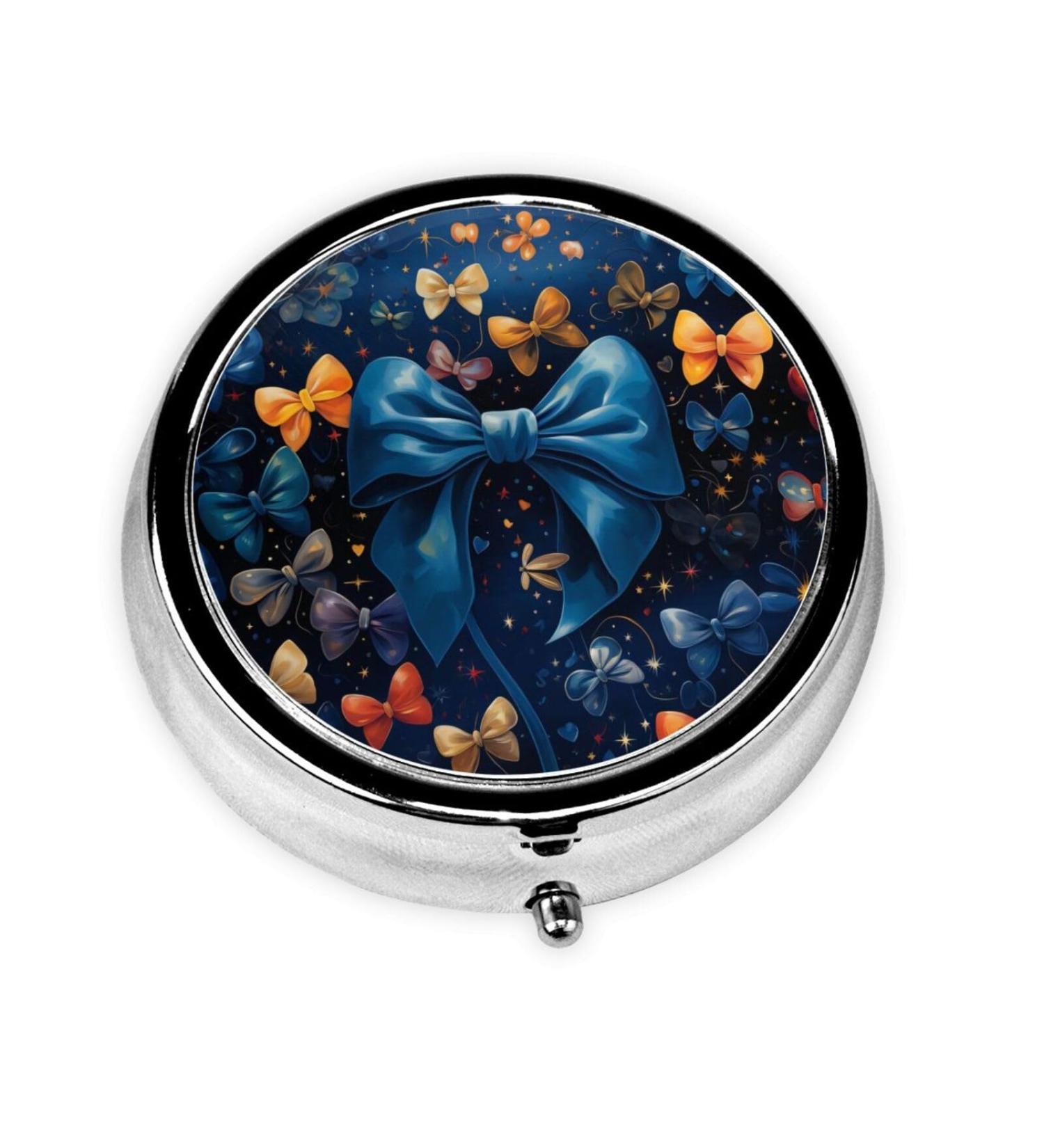 Blue Bow Portable Metal Pill Box - Round Mini 3-Compartment Design for Small Pills - Perfect for Travel - Black - Buy Online on GoSupps.com