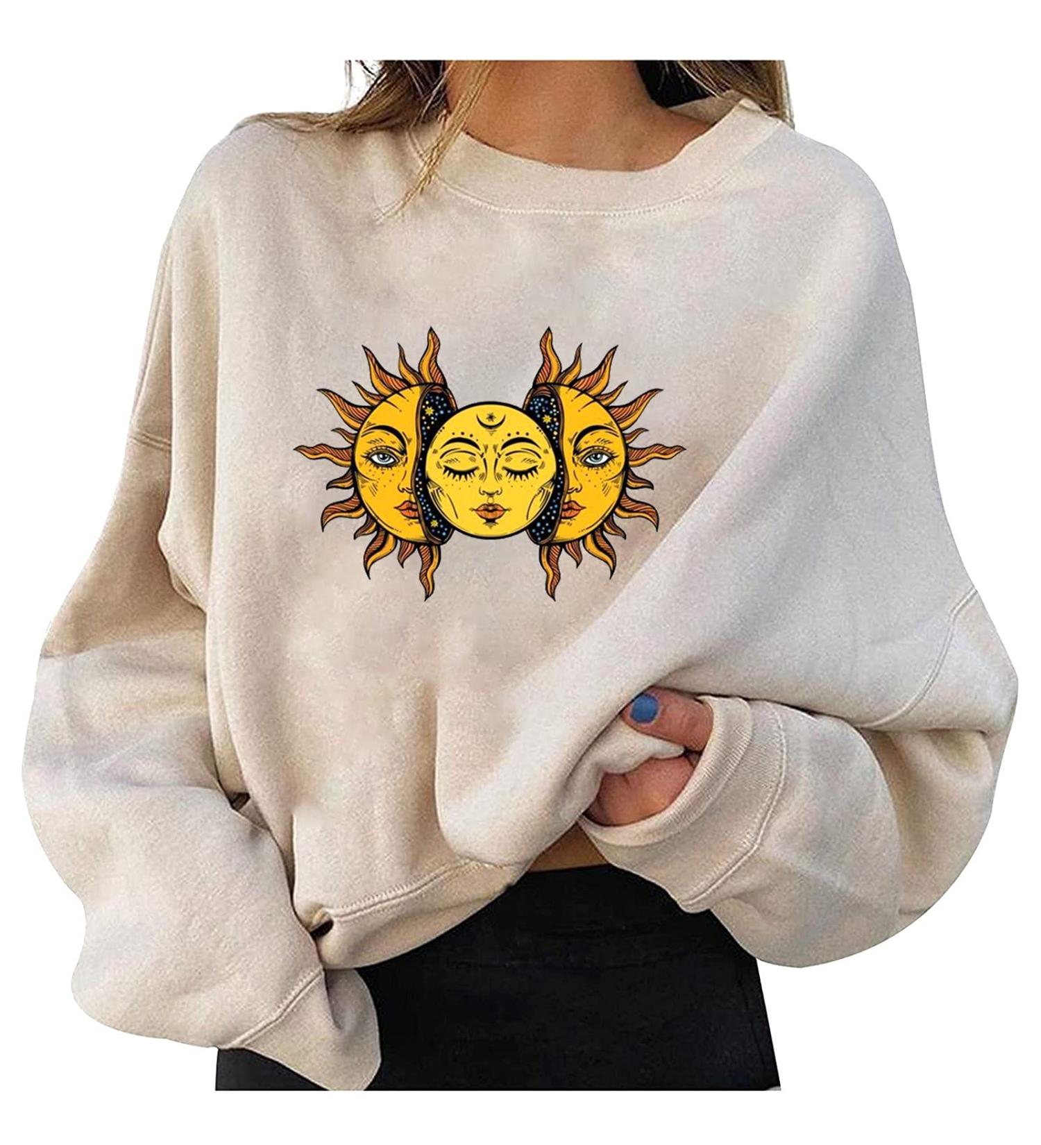 Vintage Moon Sun Print Graphic Tees for Women - Long Sleeve Pullover Crop Tops | Trendy Streetwear Collection - Buy Online on GoSupps.com