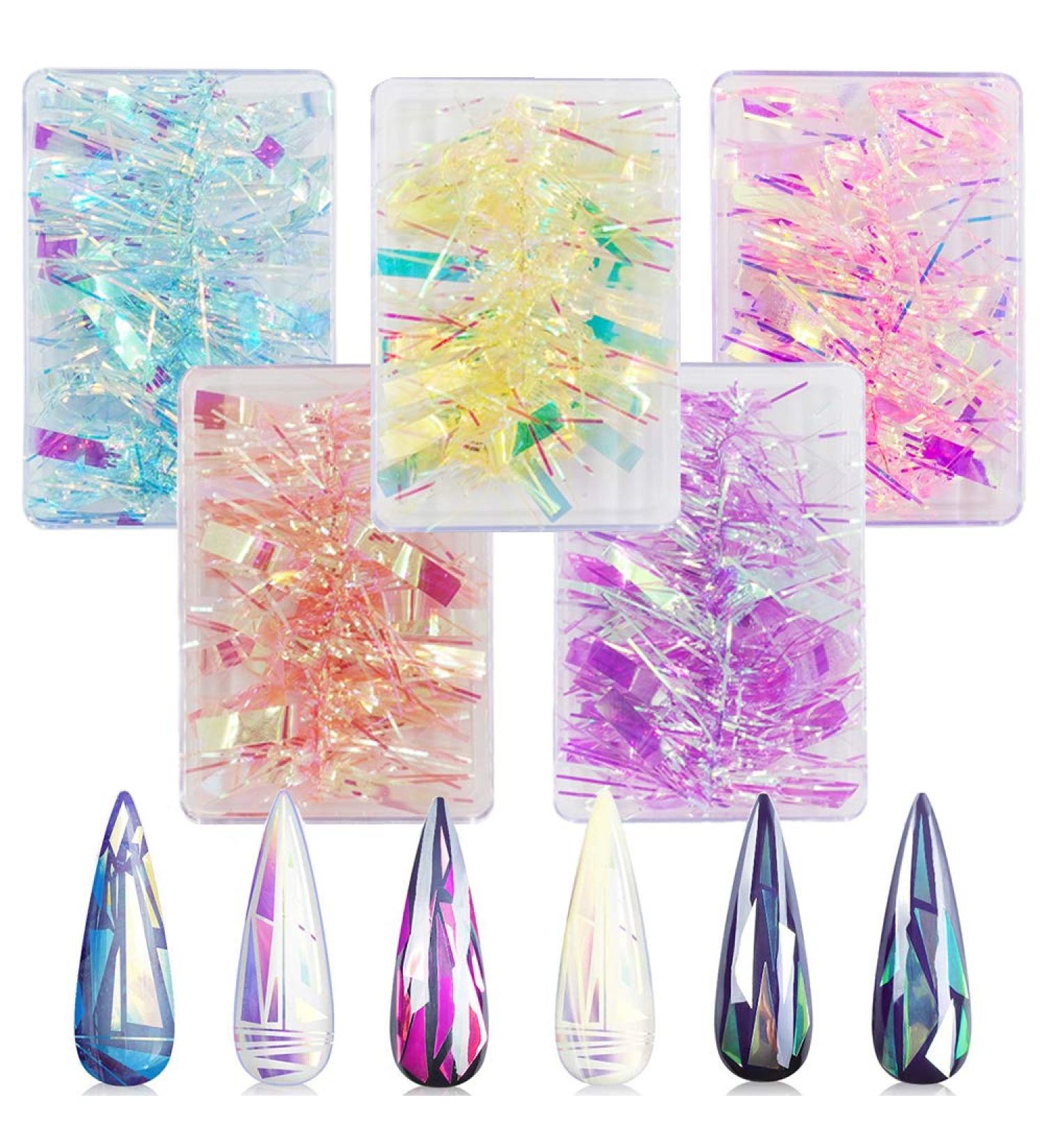 CHANGAR Aurora Glass Paper Nail Sticker Set - 5 Gradient Colors, Reflective Mirror Design, Broken Glass Stripes - DIY Nail Art Decoration - 5 Boxes - Buy Online on GoSupps.com