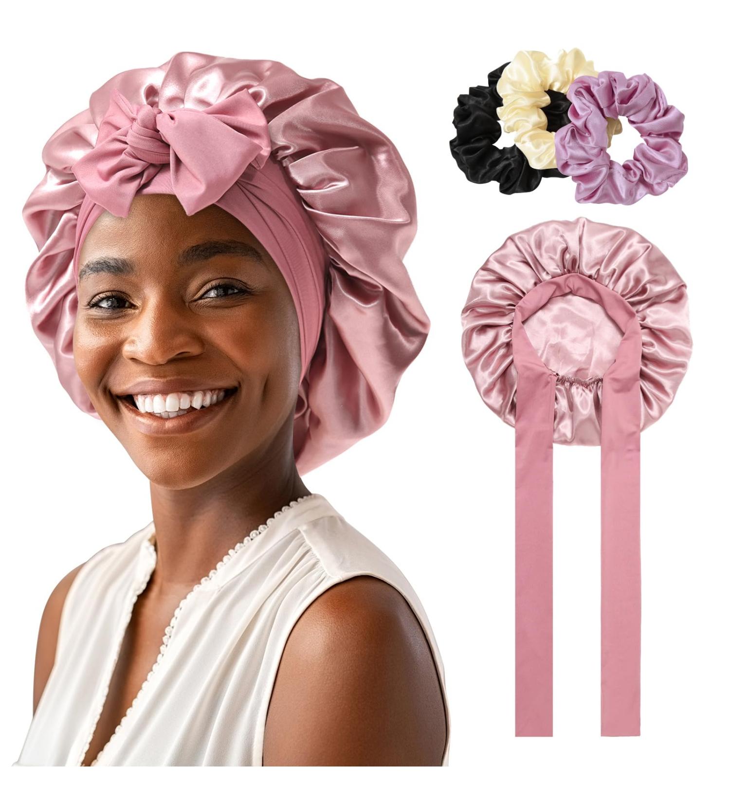 AWAYTR 2 Layered Satin Bonnet for Women Tie Band Hair Bonnet for Sleeping Silk Sleeping Cap with 3PCS Hair Scrunchies (Dust Rose(Bonus 3 Hair scrunchies)) - Buy Online on GoSupps.com