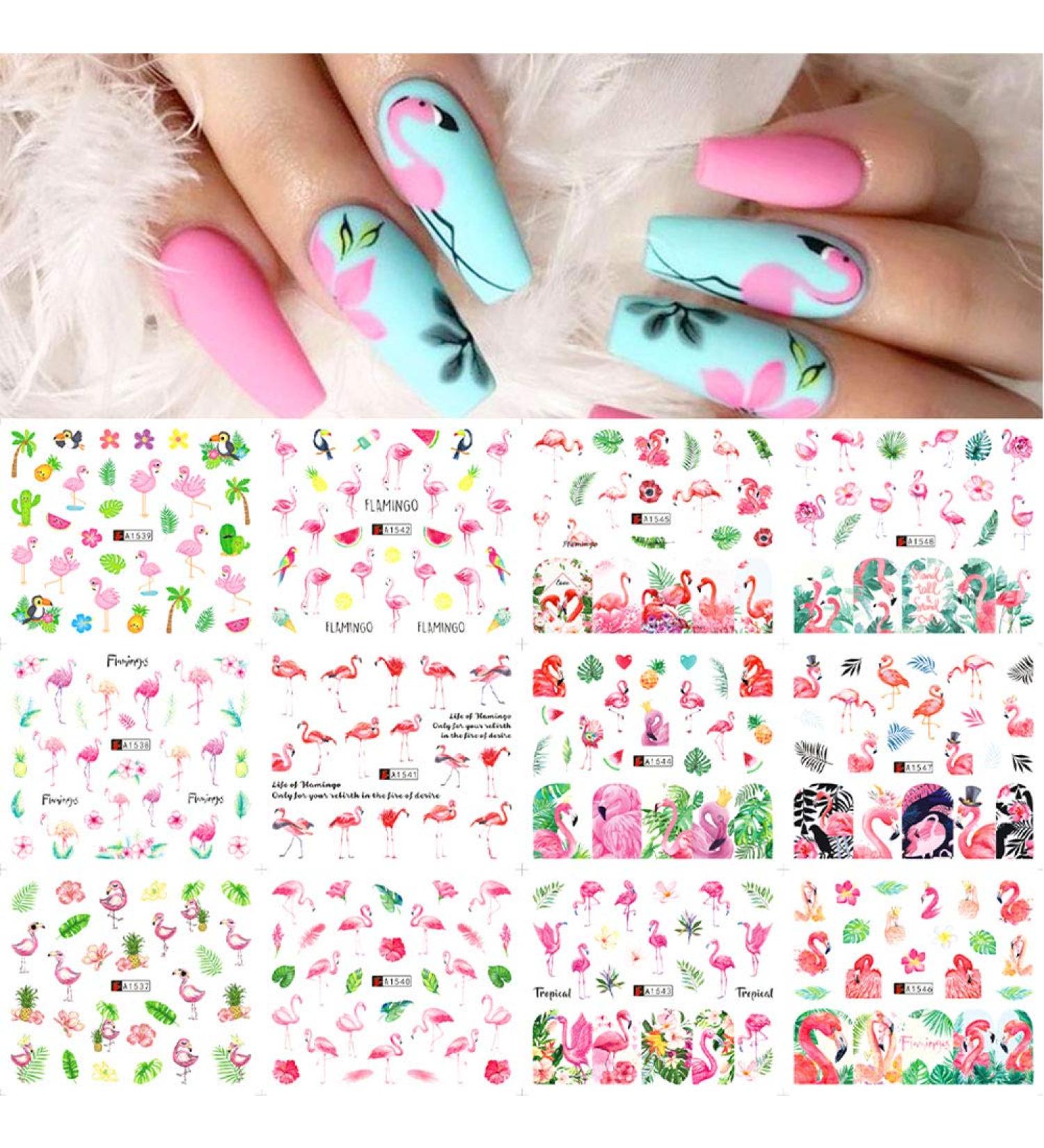 Flamingo Nail Art Stickers Decals - Summer Nail Decorations Kit with Tropical Palm, Cactus, and Pineapple Designs - 12 Sheets - Buy Online on GoSupps.com
