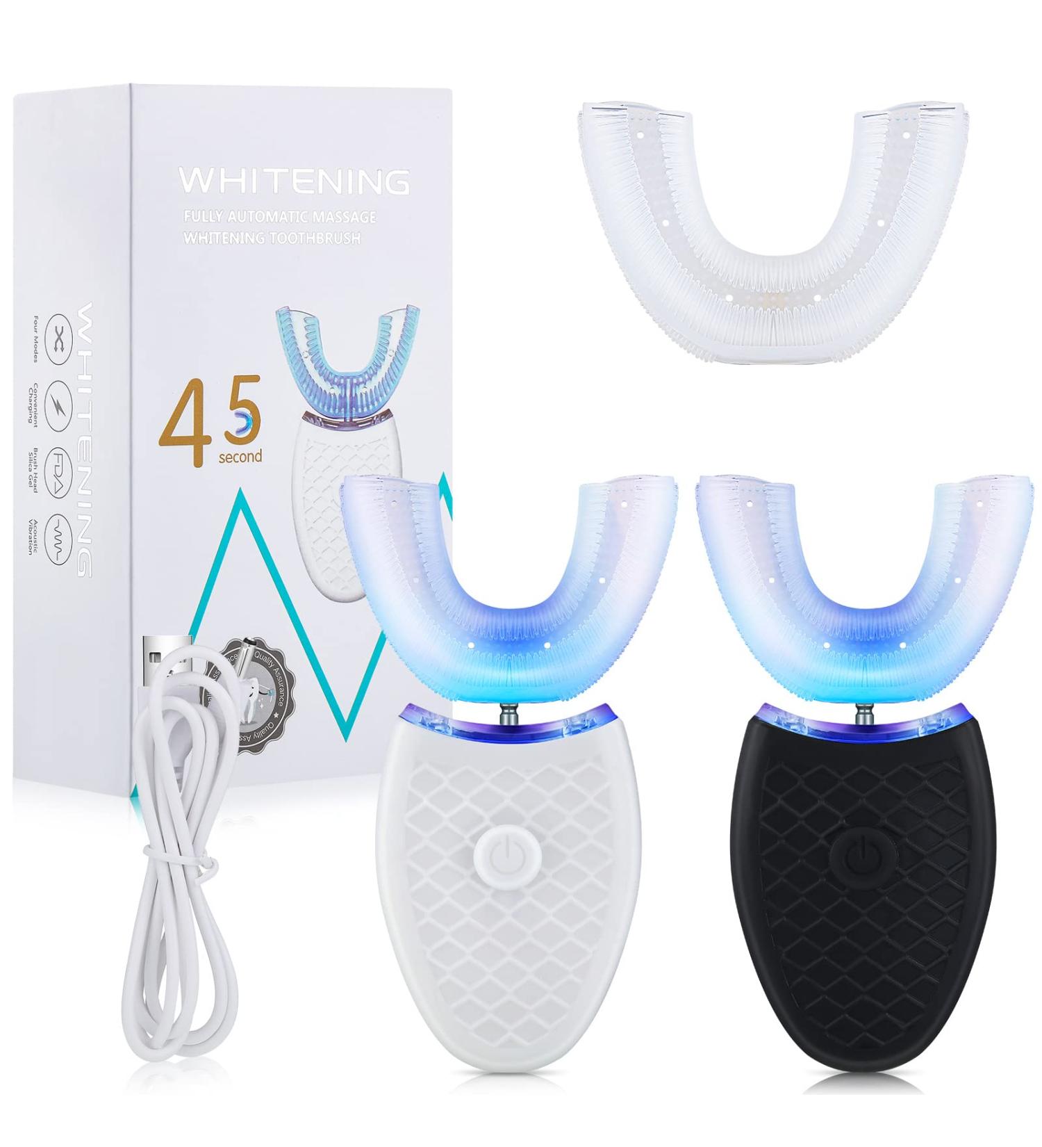 2-Piece Ultrasonic Electric Toothbrush Set | U-Shaped Automatic Toothbrush for Adults | Whitens Teeth & Cleans Whole Mouth | Rechargeable & Waterproof | 3 Brush Heads Included (Black/White) - Buy Online on GoSupps.com