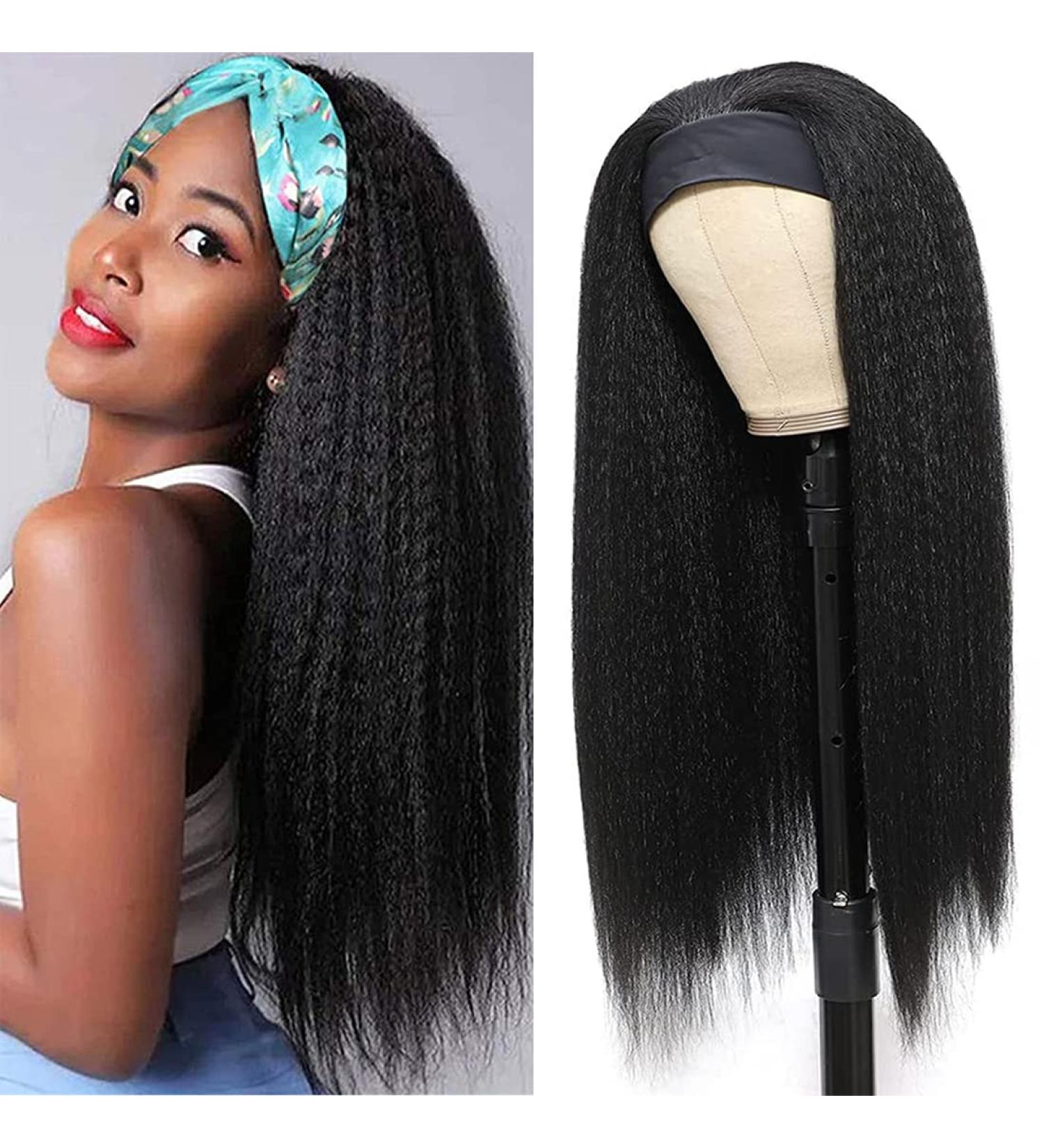 26 Inch Black Kinky Straight Headband Wig - Synthetic Yaki Hair, Full Machine Made, No Lace Front - Natural Black Color for Women - Buy Online on GoSupps.com