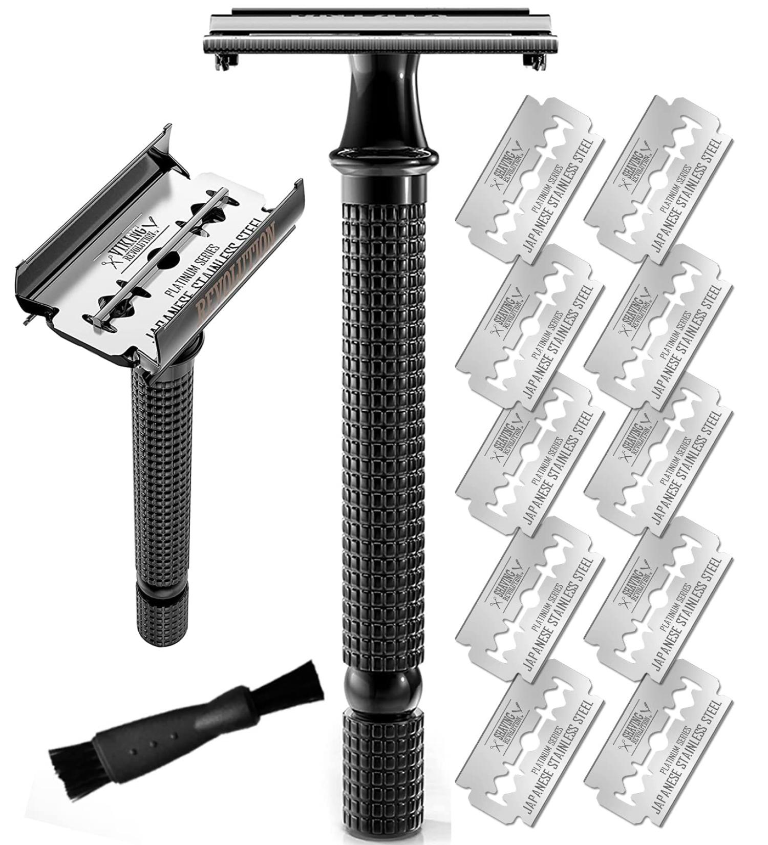 Long Handle Double Edge Safety Razor with 10 Japanese Stainless Steel Blades for Close and Clean Shaving - Black - Buy Online on GoSupps.com