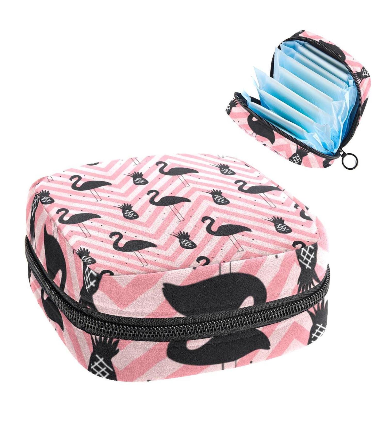 Womens Bonds Storage Pockets Stillpad Holder - Portable Period Kit Bag with Flamingo & Pineapple Design | Feminine Product Bag for Girls - Black & Pink - Buy Online on GoSupps.com