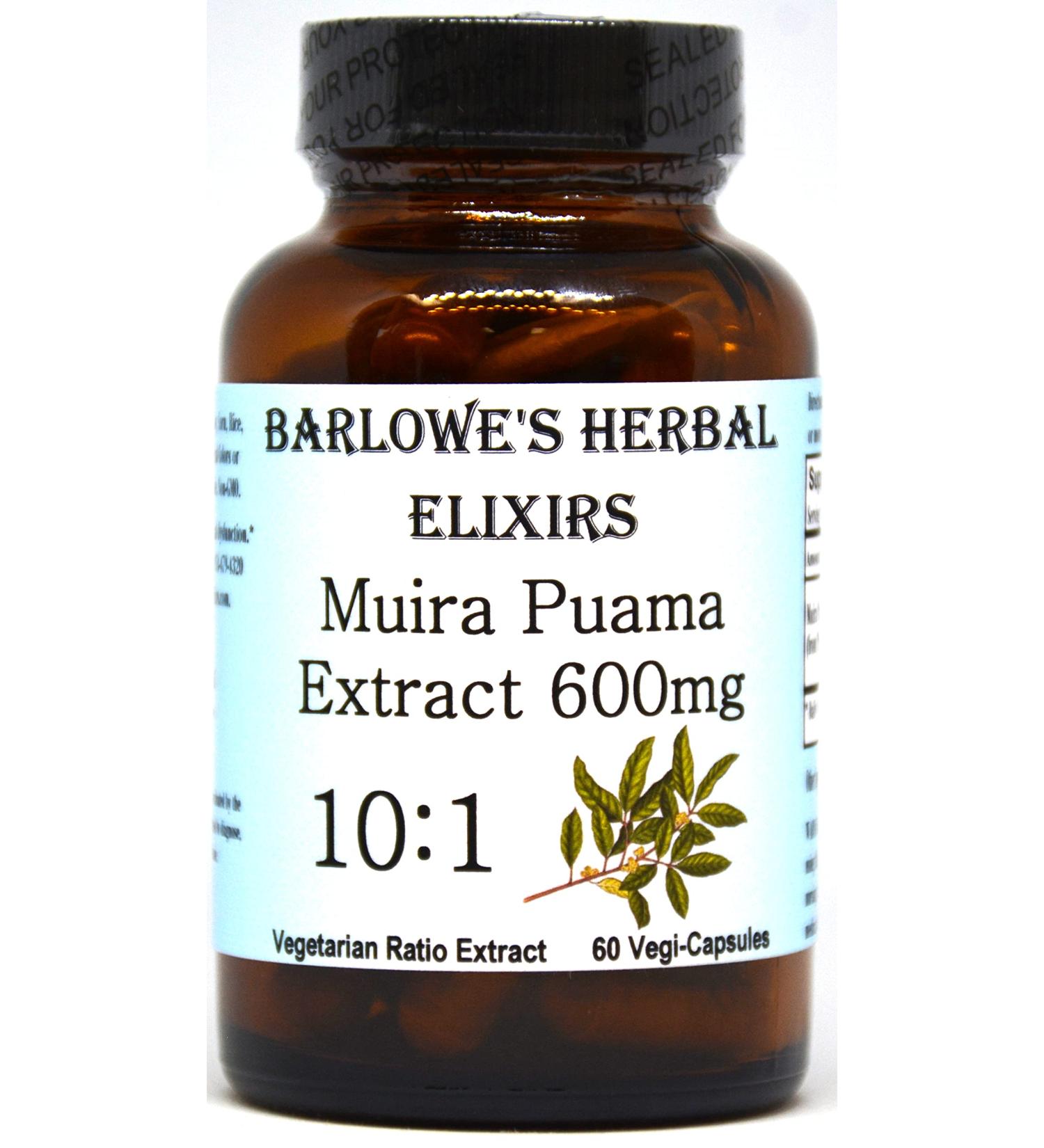 Barlowe's Herbal Elixirs Muira Puama 10:1 Extract - 60 600mg VegiCaps - Stearate Free in Glass Bottle - Buy Online on GoSupps.com