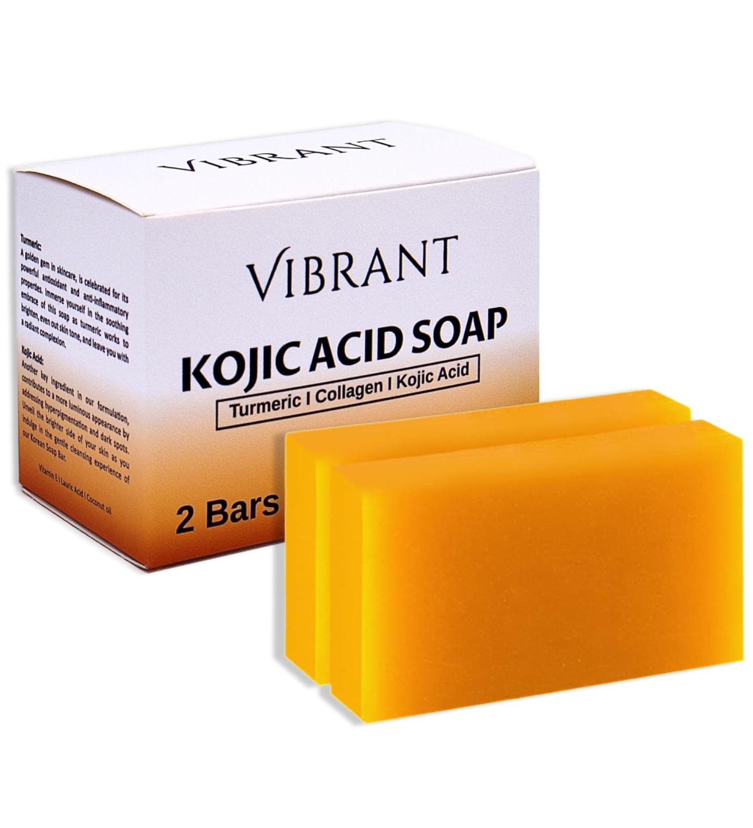 VIBRANT Kojic Acid Soap Bars - Vitamin E Turmeric Collagen & Coconut Oil - Korean Brightening & Anti-Aging Soap for Moisturizing & Skin Lightening (2 x 100g - Buy Online on GoSupps.com