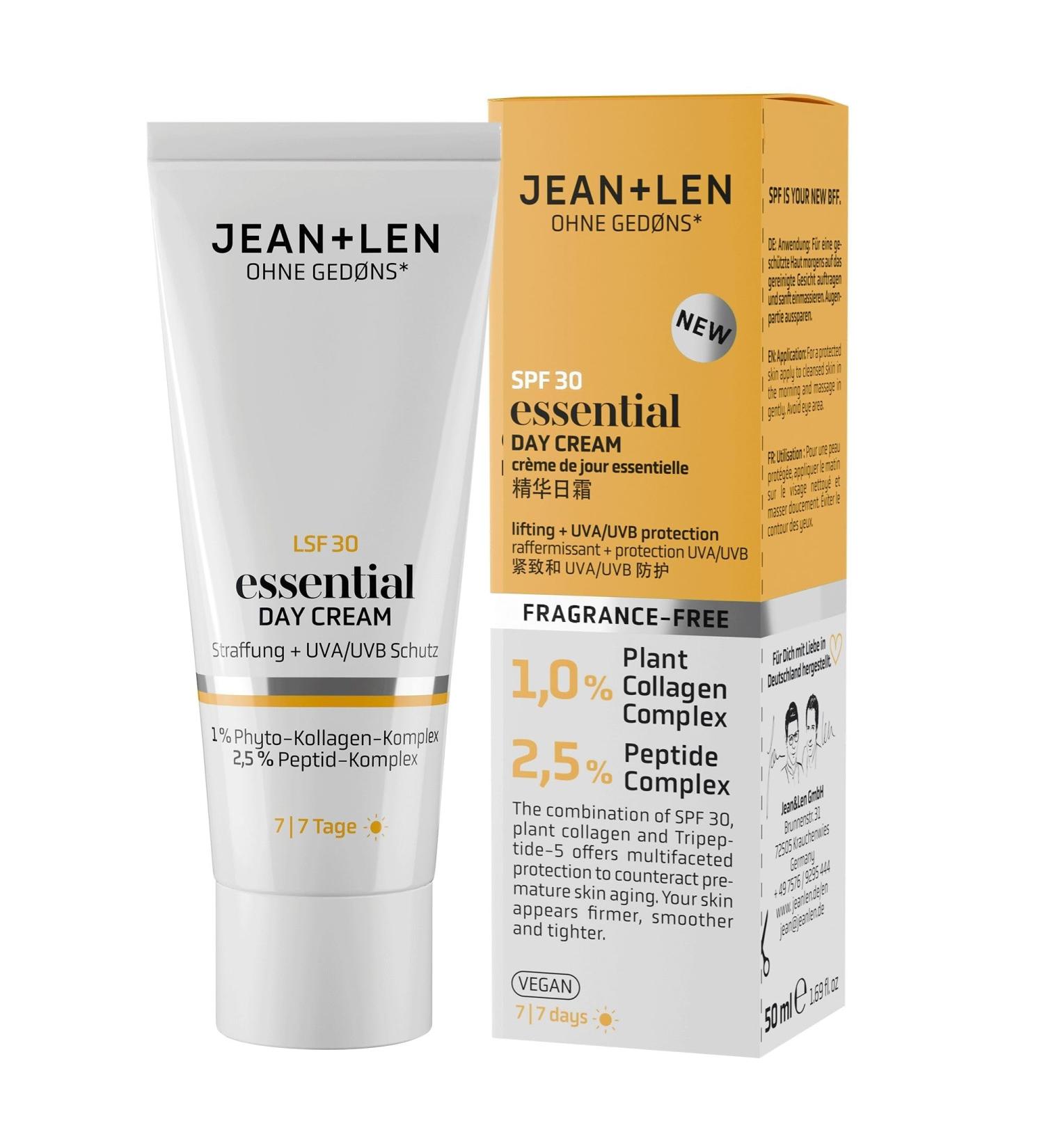 Jean Len Jean & Len Essential Day Cream ideal for all skin types optimizes skin firmness with SPF 30 and vegetable collagen vegan and fragrancefree day cream 50 ml - Buy Online on GoSupps.com