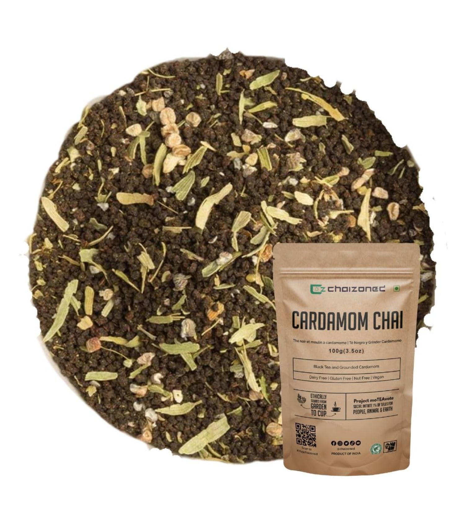 CHAIZONED Cardamom Chai Tea - Made with Grounded Cardamom & Assam Black Tea - Loose Leaf Black Tea - Elaichi Chai Tea - 100g (3.5oz) - Buy Online on GoSupps.com