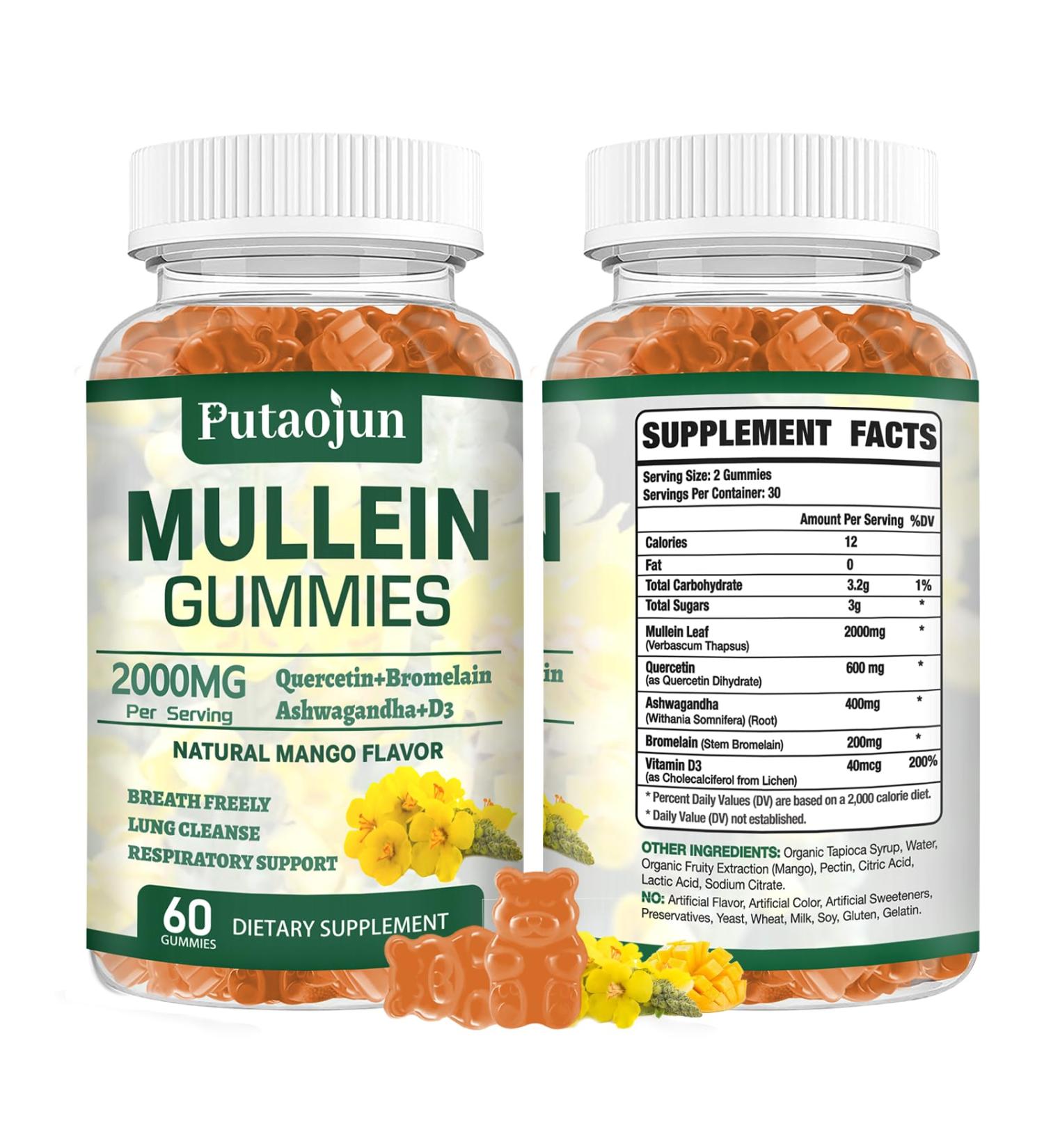 Putaojun 1 Pack Organic Mullein Gummies for Lungs, 2000MG Mullein Leaf Extract Supplement | Quercetin, Bromelain for Respiratory & Immune Support | Vegan, Sugr-Free, Mango Flavor | 60 Count - Buy Online on GoSupps.com