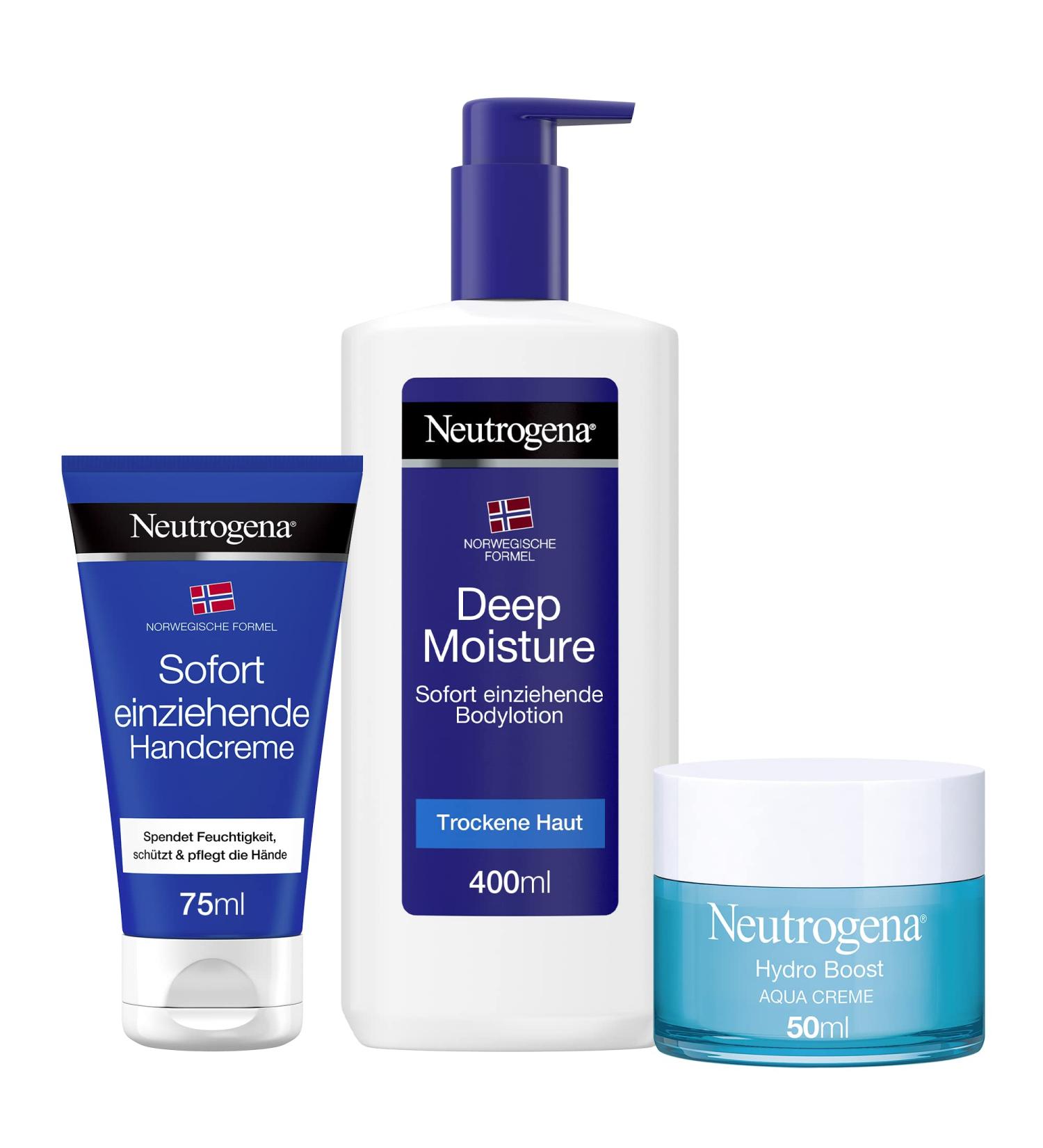 Neutrogena Norwegian Formula Hand Cream Deep Moisture Body Lotion & Hydro Boost Aqua Cream - Deep Moisturizer for Hands Body & Face | International Shipping Available - Buy Online on GoSupps.com
