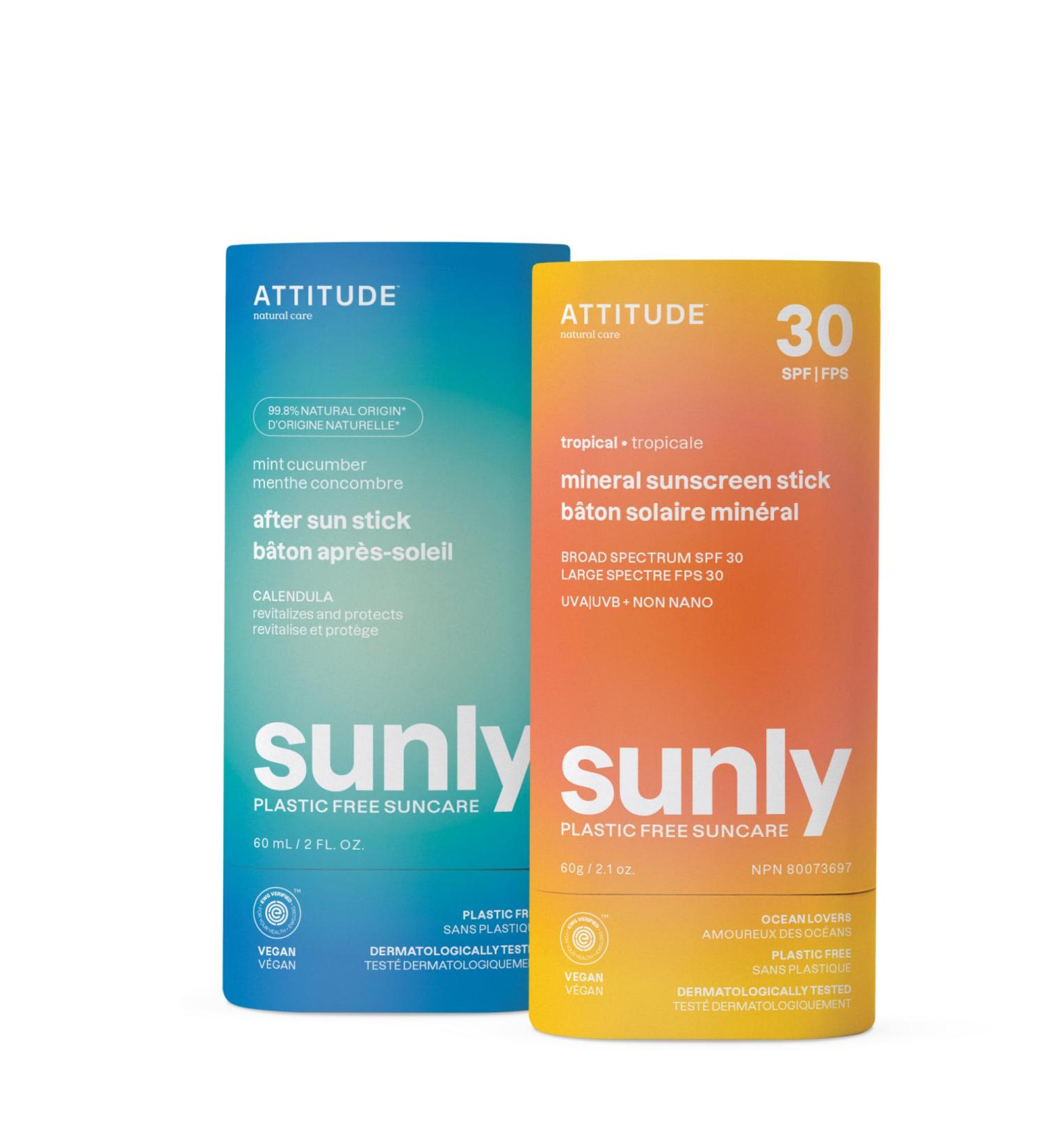Bundle of ATTITUDE Mineral Sunscreen Stick with Zinc Oxide SPF 30 EWG Verified Plastic-Free Broad Spectrum UVA/UVB Protection Vegan Tropical + After Sun Care Stick Mint and Cucumber - Buy Online on GoSupps.com