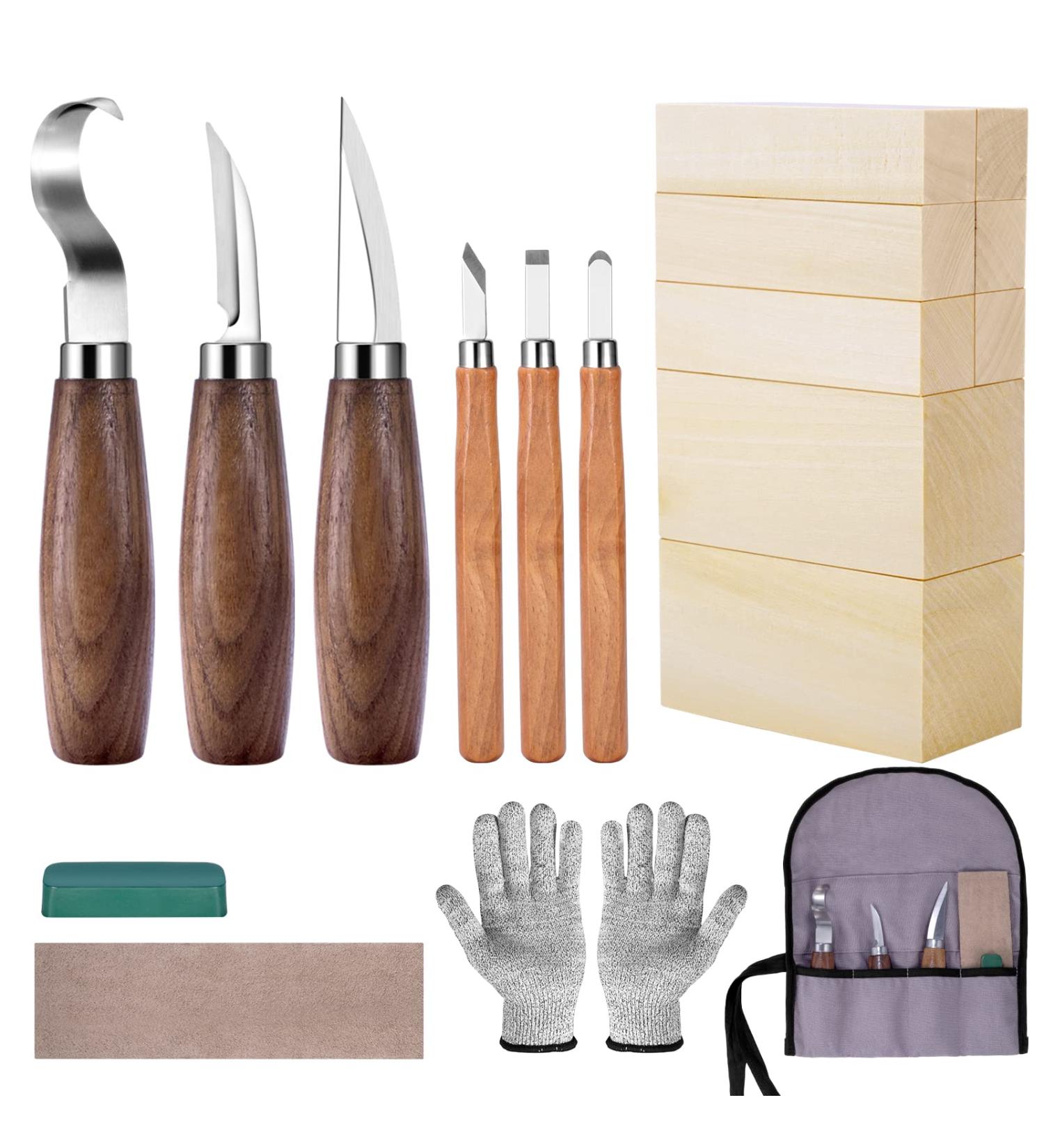Wood Whittling Kit for Beginners and Adults - 8PCS Basswood Carving Blocks, Tools, Gloves, Roll Bag, Sharpener - Ideal Widdling Gift Set - Buy Online on GoSupps.com