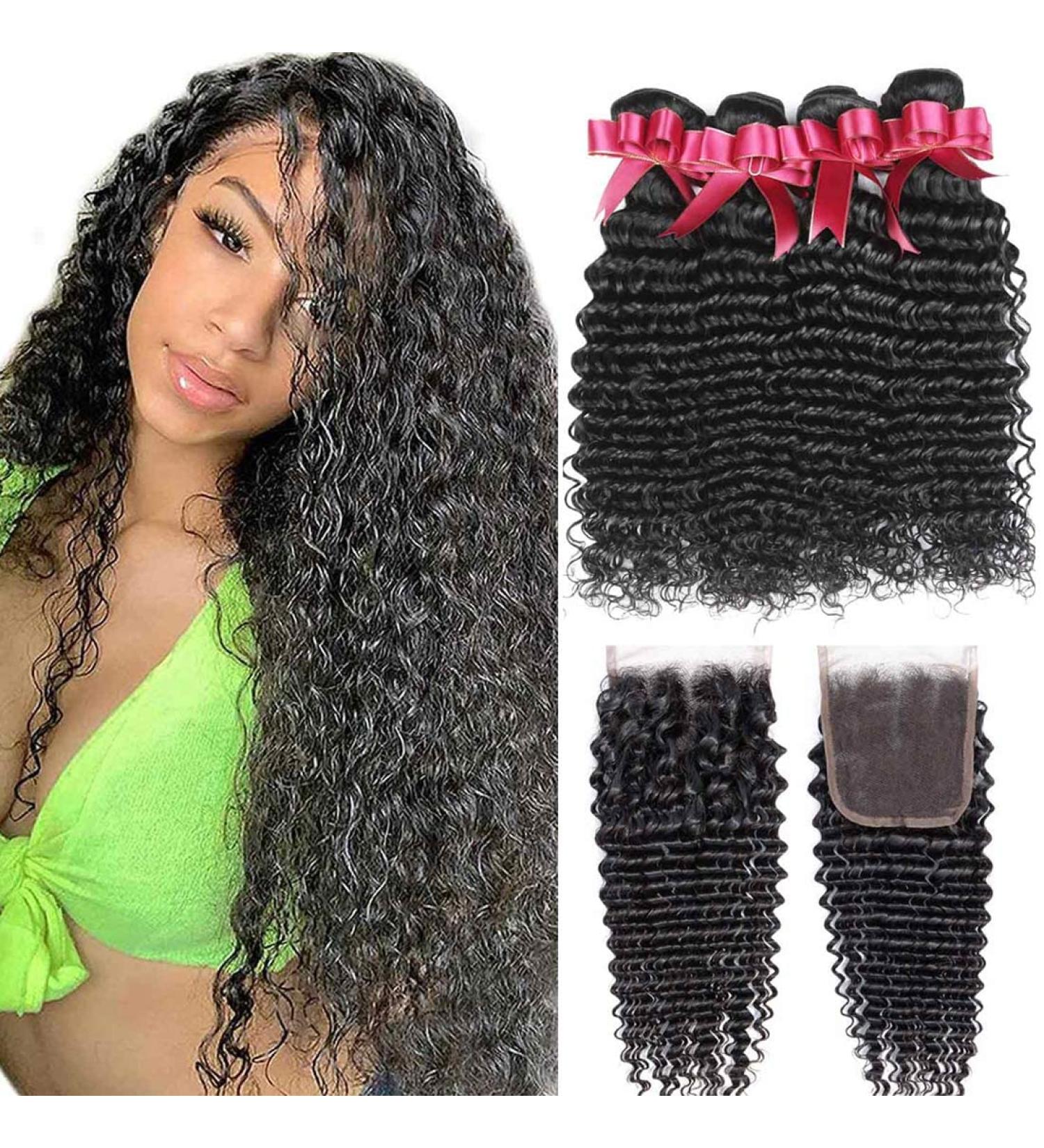 20 22 24 18 Brazilian Deep Curly Human Hair Bundles with Closure 100 Remy Unprocessed Hair Natural Black 4x4 Closure Included