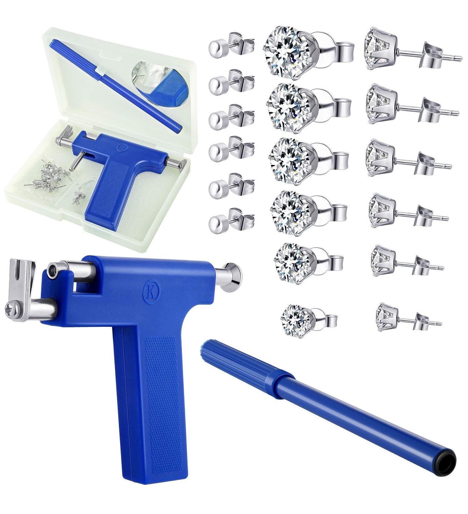 Stainless Steel Body Piercing Tool Set with 12 Pairs Stud Earrings - Blue - Buy Online on GoSupps.com