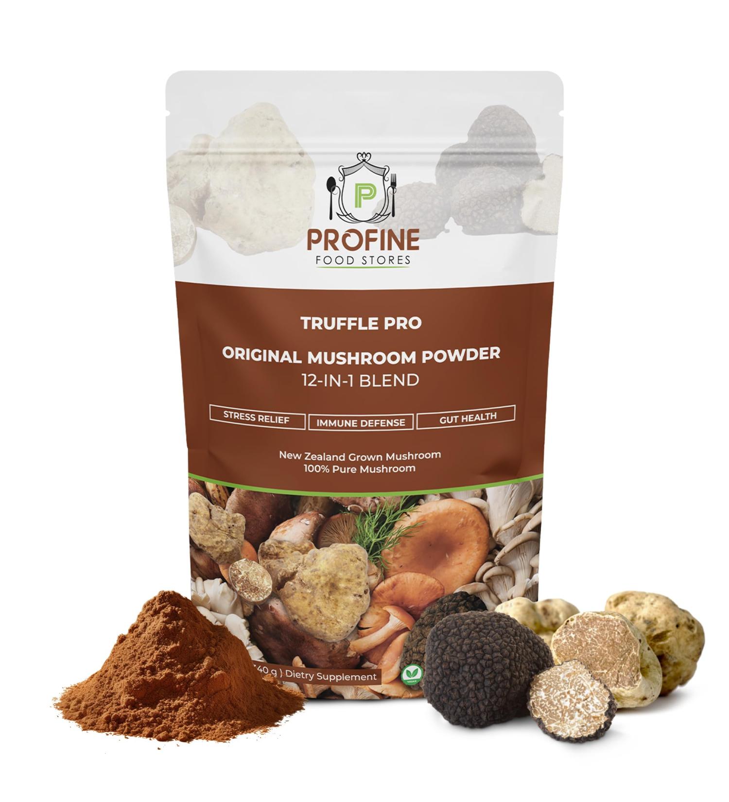 PROFINE Truffle PRO Mushroom Powder 12- in - 1 Super Blend with Black Truffle and White Truffle - USDA Organic - Supplement - Add to Coffee/Tea/Smoothies - Whole Mushrooms - No fillers - Buy Online on GoSupps.com