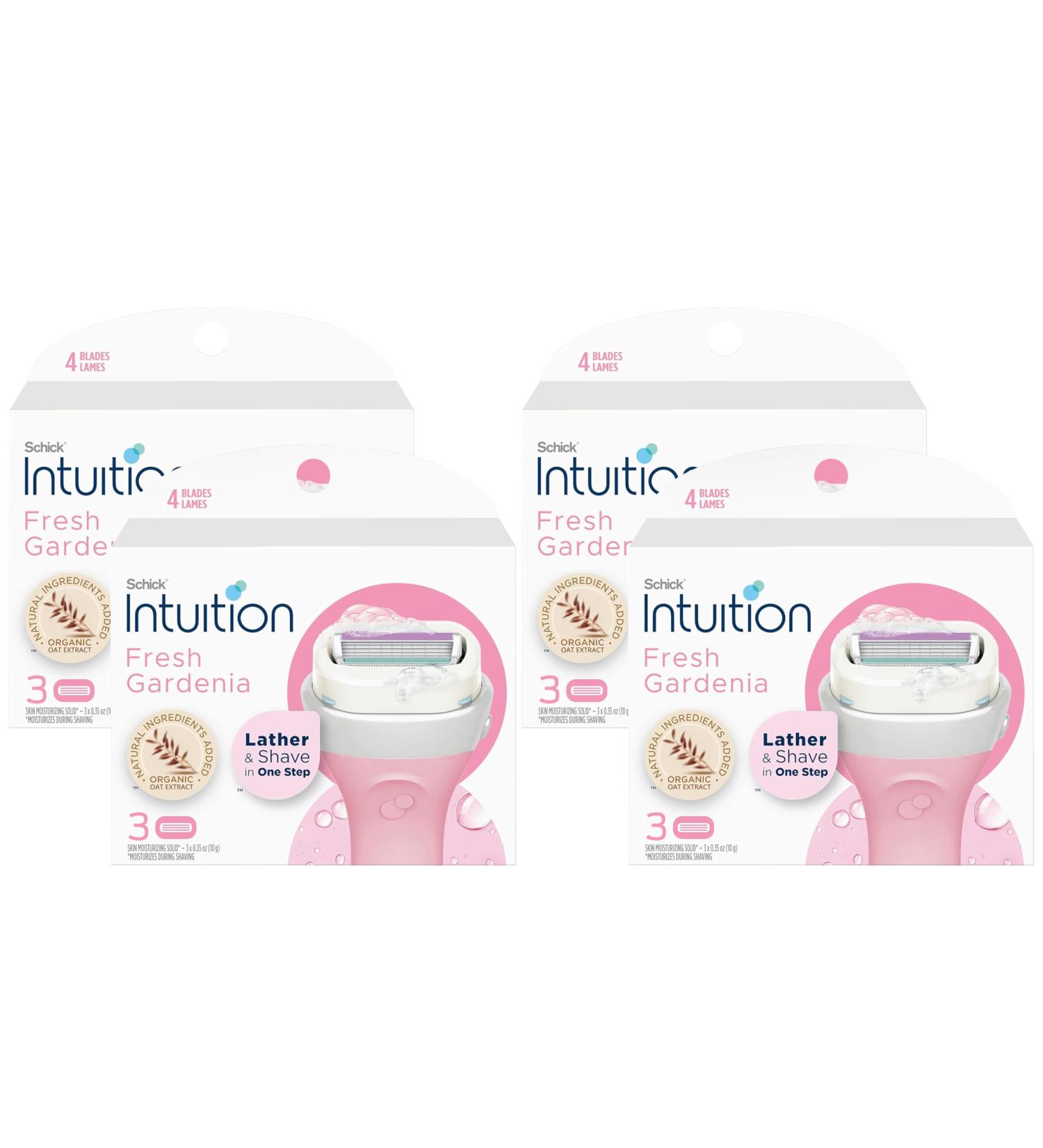 Schick Intuition - Lather & Shave In One Stop - Fresh Gardenia Organic Oat Extract - Women's Razor Blade Refills - 3 Count Pack of 4 12 Cartridges Vary