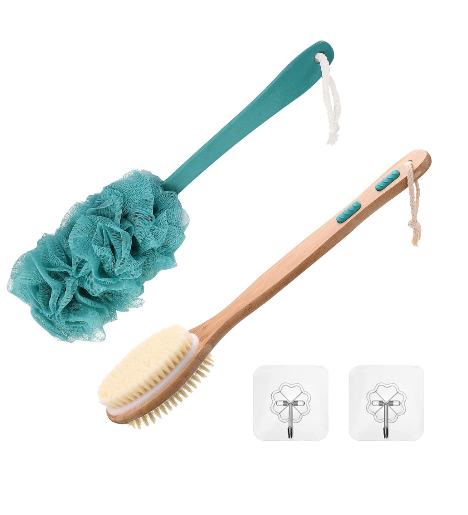 2 Pack Bath Brush Set: Long-Handled Luffa Brush & Double-Sided Bristle Brush with Hooks - Buy Online on GoSupps.com