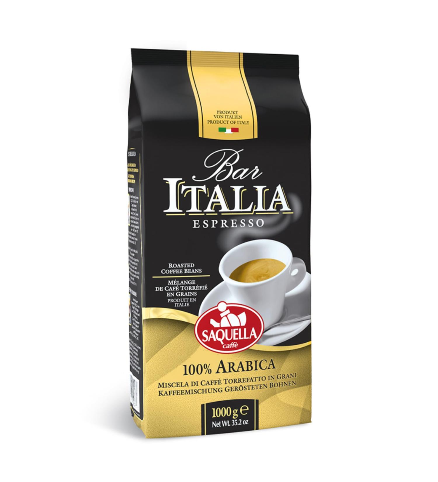 Saquella "Bar Italia 100% ARABICA" Slow Roasted Gourmet Italian Espresso Coffee Beans 1 kg bag - Buy Online on GoSupps.com