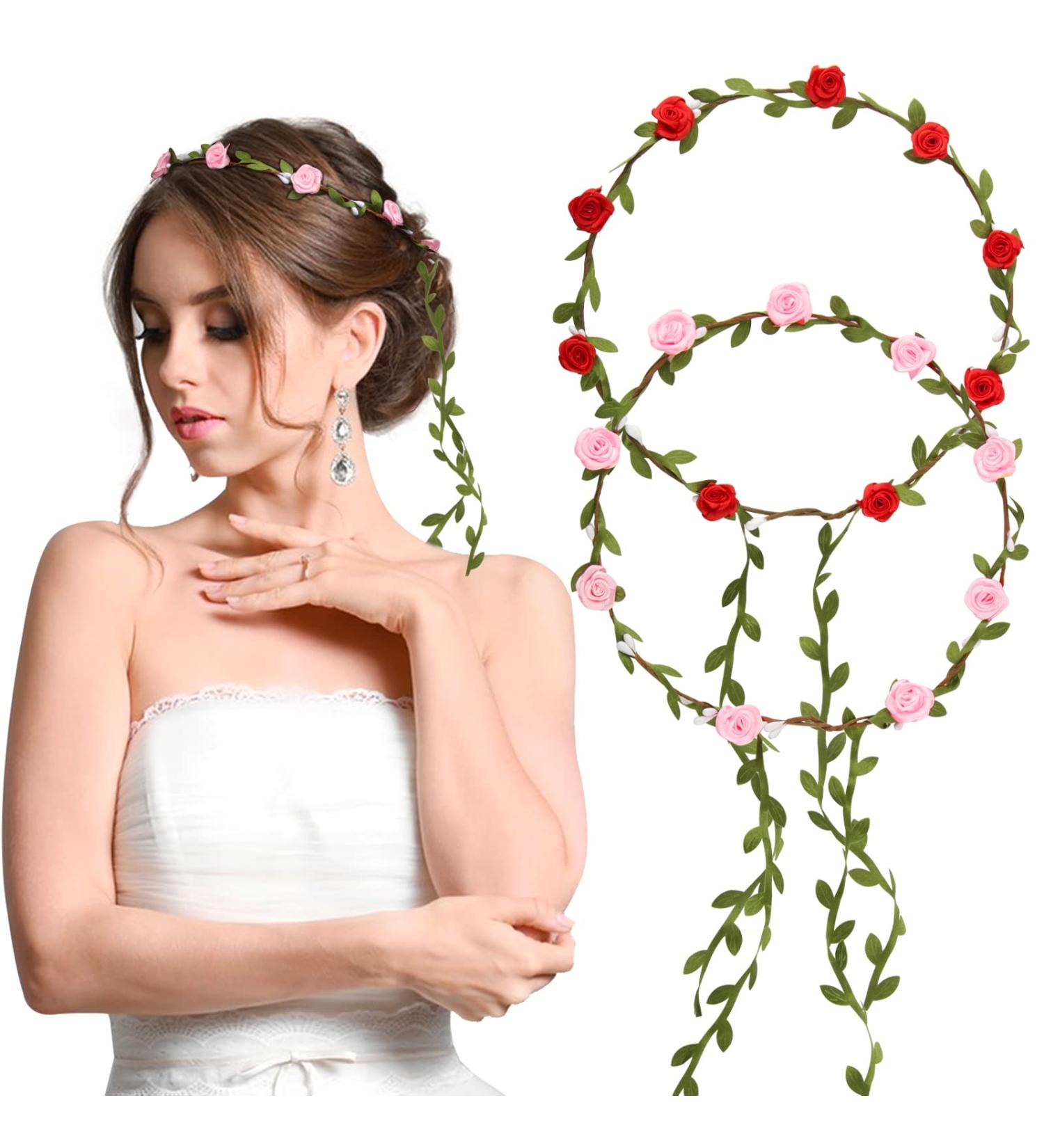 Boyrot 2pcs Flower Wreath Hair Crown for Women & Girls - Boho Floral Headband for Weddings Parties & Birthdays - Red & Pink Roses - Buy Online on GoSupps.com