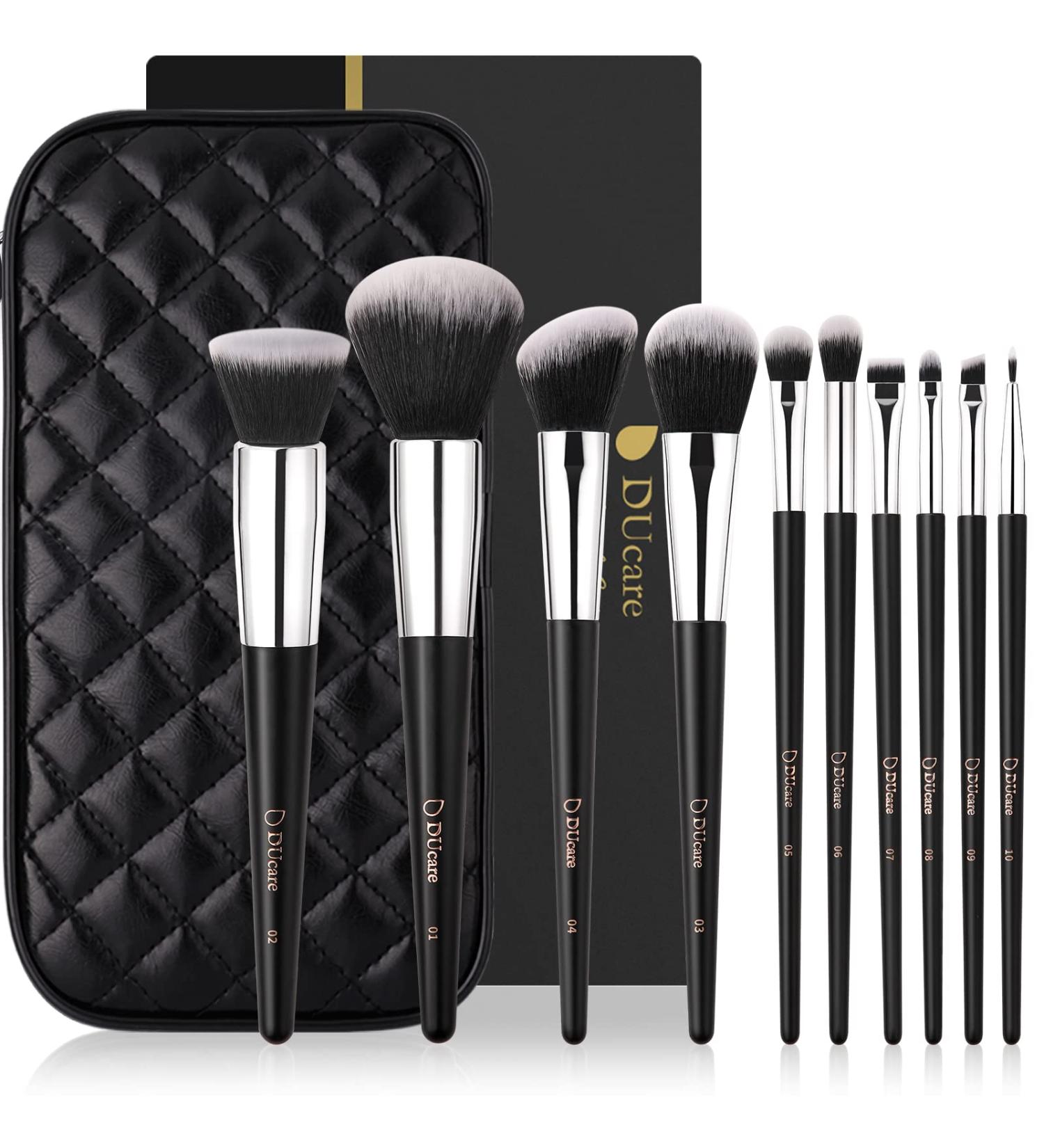 DUcare 10Pcs Travel Makeup Brush Set with Case - Premium Synthetic Kabuki Brushes for Foundation, Blending, and More - Women's Gift Set with Bag - Black - Buy Online on GoSupps.com