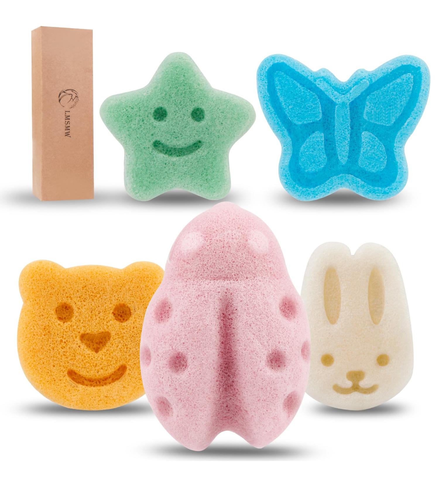 Organic Konjac Baby Sponge Set - Soft Bath Loofahs for Newborns and Toddlers | Cute Cartoon Shapes | Safe and Natural Infant Bath Sponges (5pcs) - Buy Online on GoSupps.com