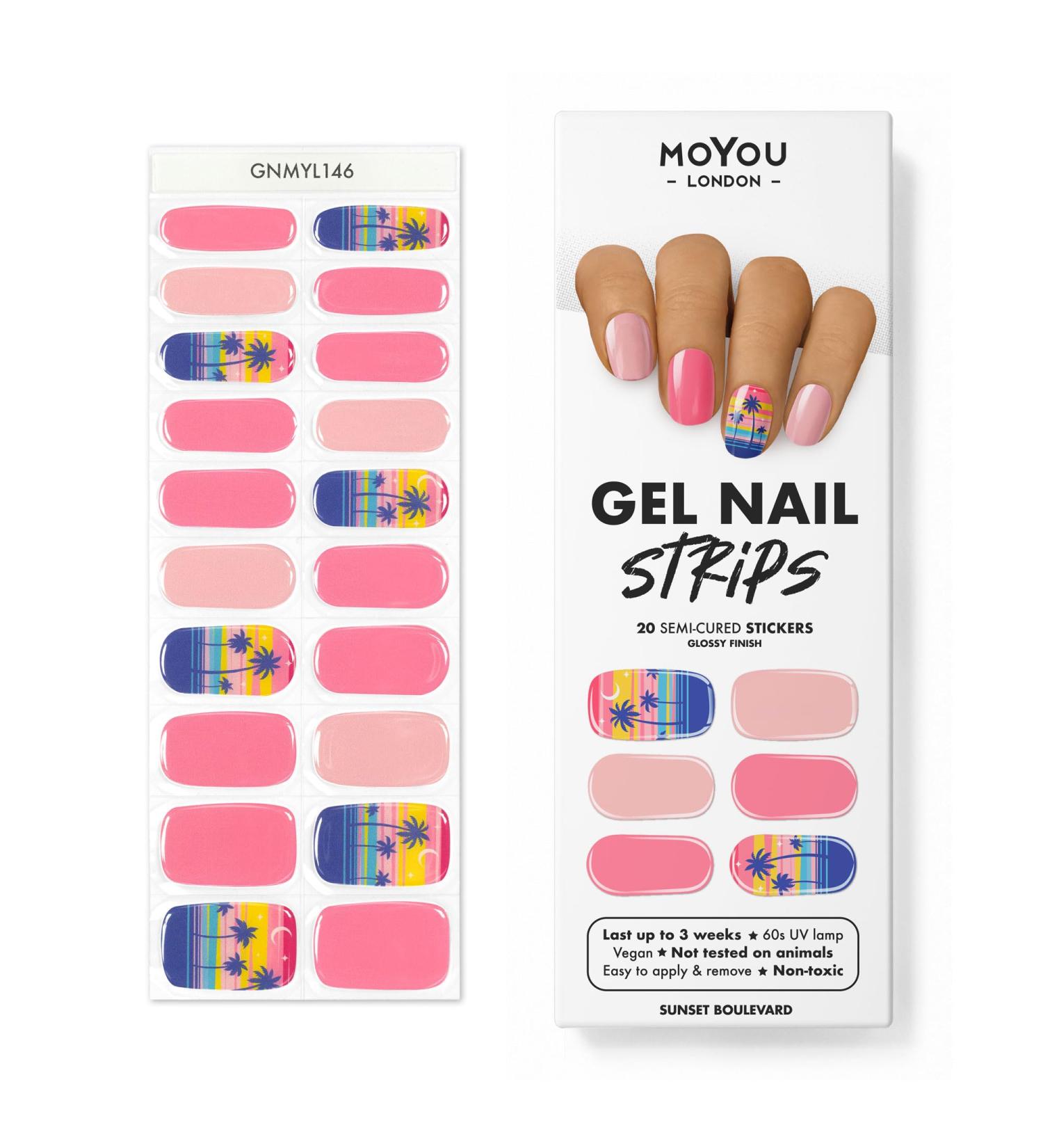 MOYOU LONDON Gel Nail Strips 20 Pc - Easy Apply & Remove for Salon-Quality Manicure - Sunset Boulevard | Buy 3, Get 1 Free UV Lamp - Buy Online on GoSupps.com