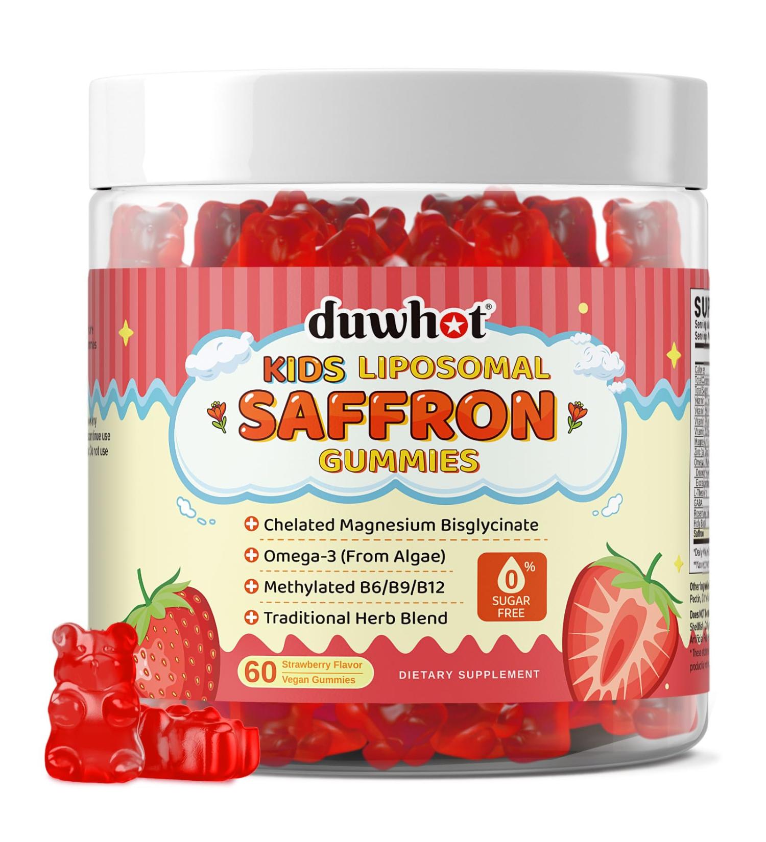 duwhot Liposomal Saffron Gummies Kids Saffron Supplements w/Holy Basil Rosemary Magnesium Bisglycinate Omega-3 & More Focus & Brain Support Supplement Non-GMO Vegan 60 Chewables - Buy Online on GoSupps.com