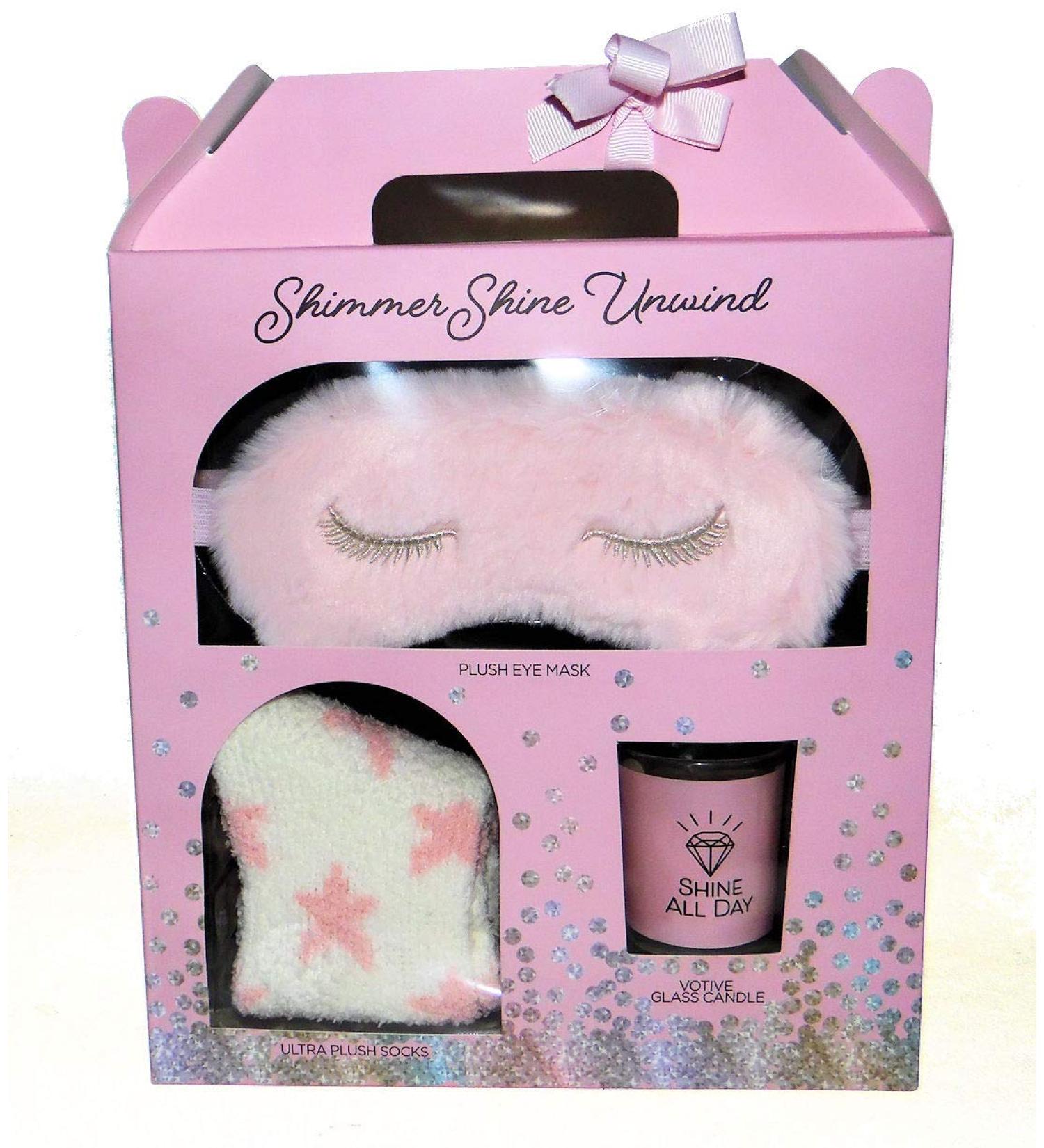 Shimmer Shine Unwind Relaxation Gift set with Pink Plush Eye Mask Plush Socks and Lavender Votive Candle