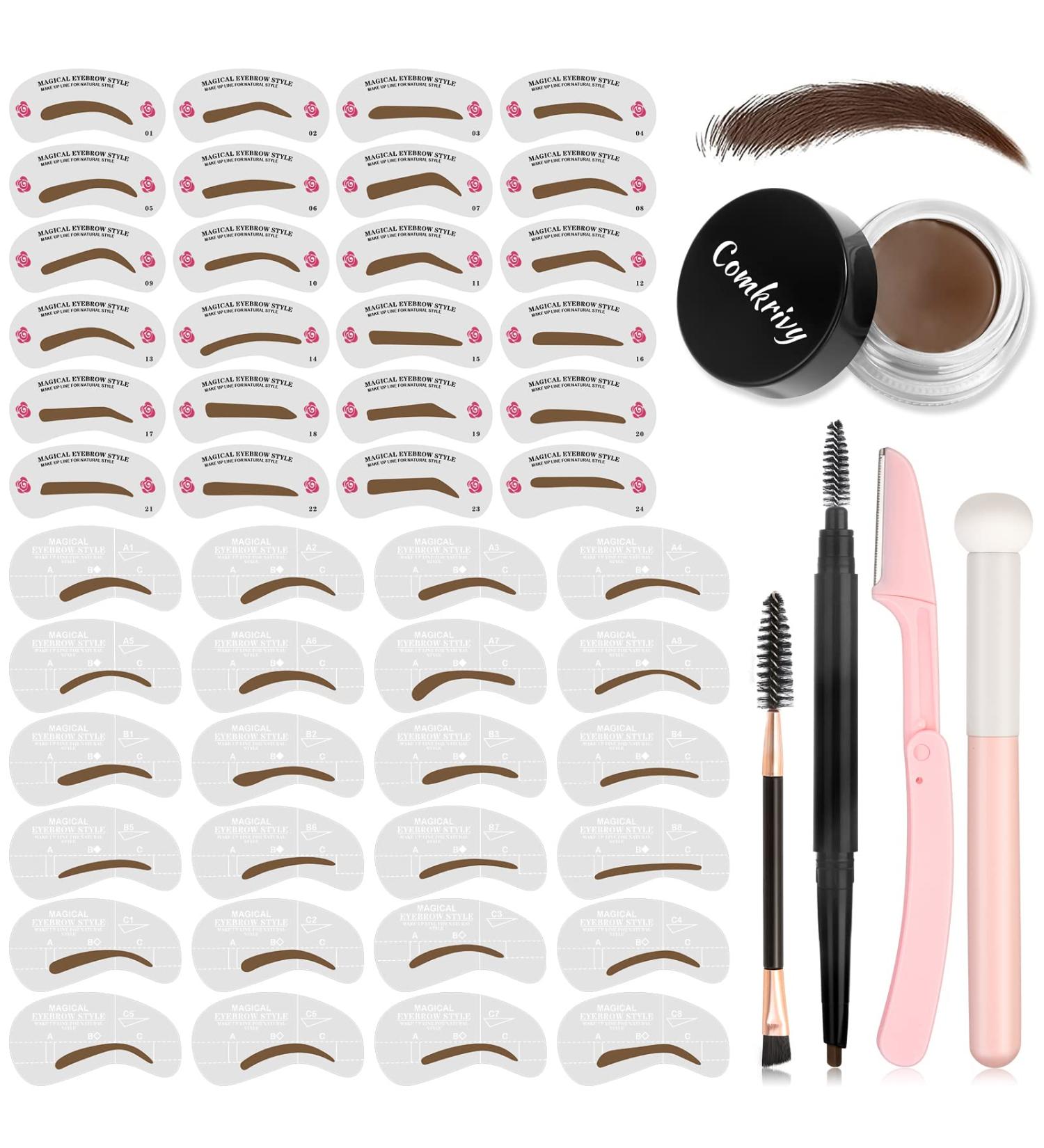 Comkrivy Eyebrow Stamp Stencil Kit - 48 PCS Waterproof Eyebrow Stencils in 2 Sizes with Pomade & Pencil - Ideal for Beginners Women - Brown - Buy Online on GoSupps.com