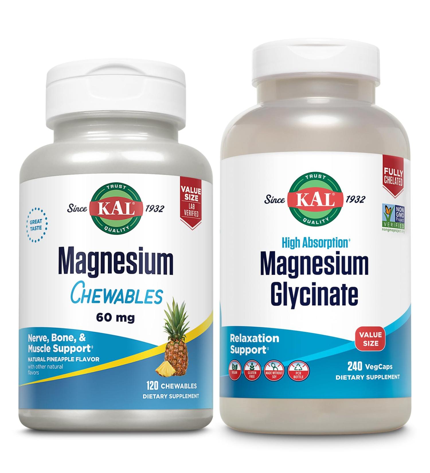 KAL Magnesium Citrate Chewables and Magnesium Glycinate 350 Bundle Nerve Bone Muscle and Enzyme Support 120 Chews 240 VegCaps - Buy Online on GoSupps.com