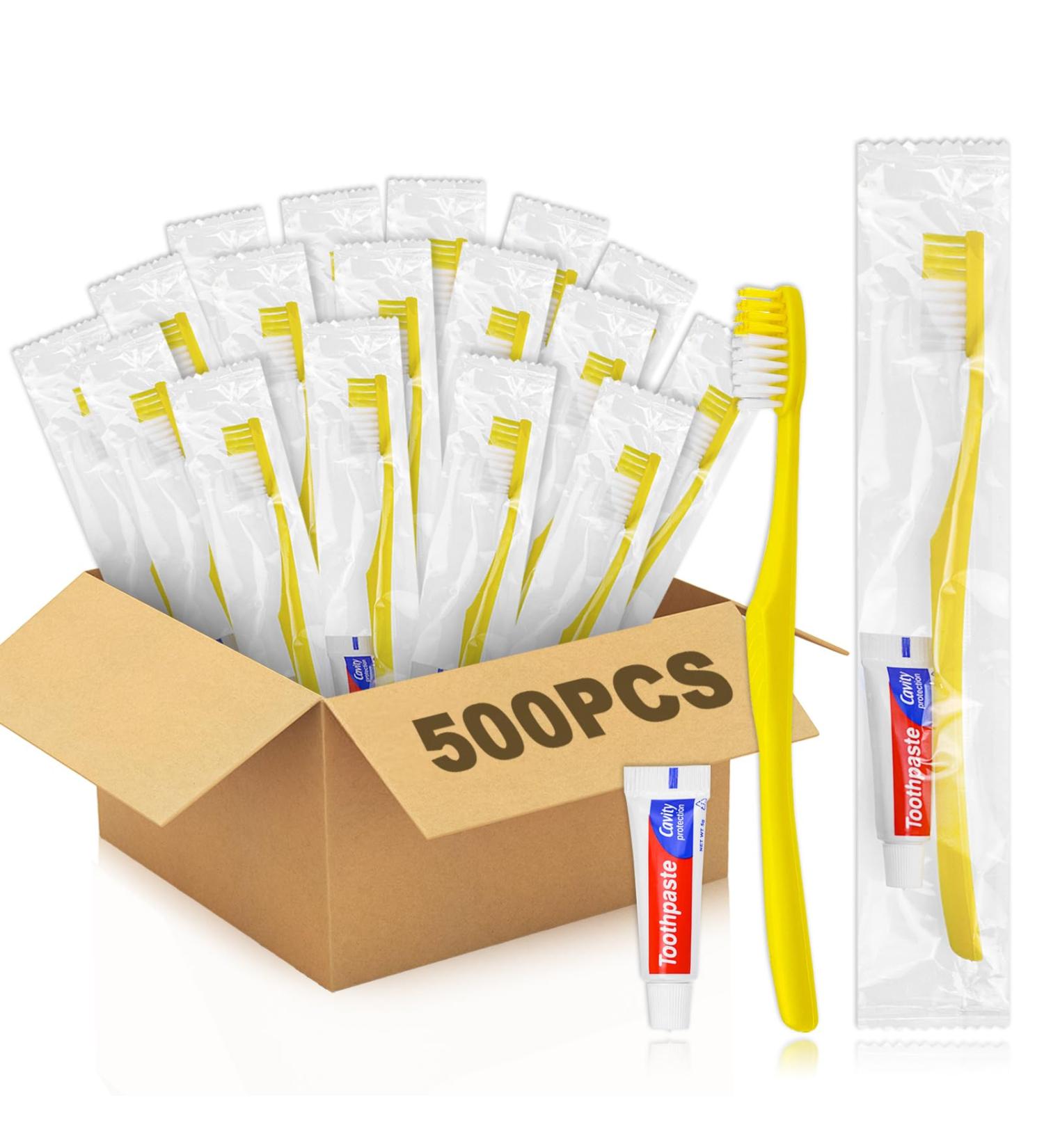 Bulk Disposable Toothbrushes - 500 Individually Packed Yellow One-Way Toothbrushes with Toothpaste for Homeless Nursing Homes Hotels & Travel - Buy Online on GoSupps.com