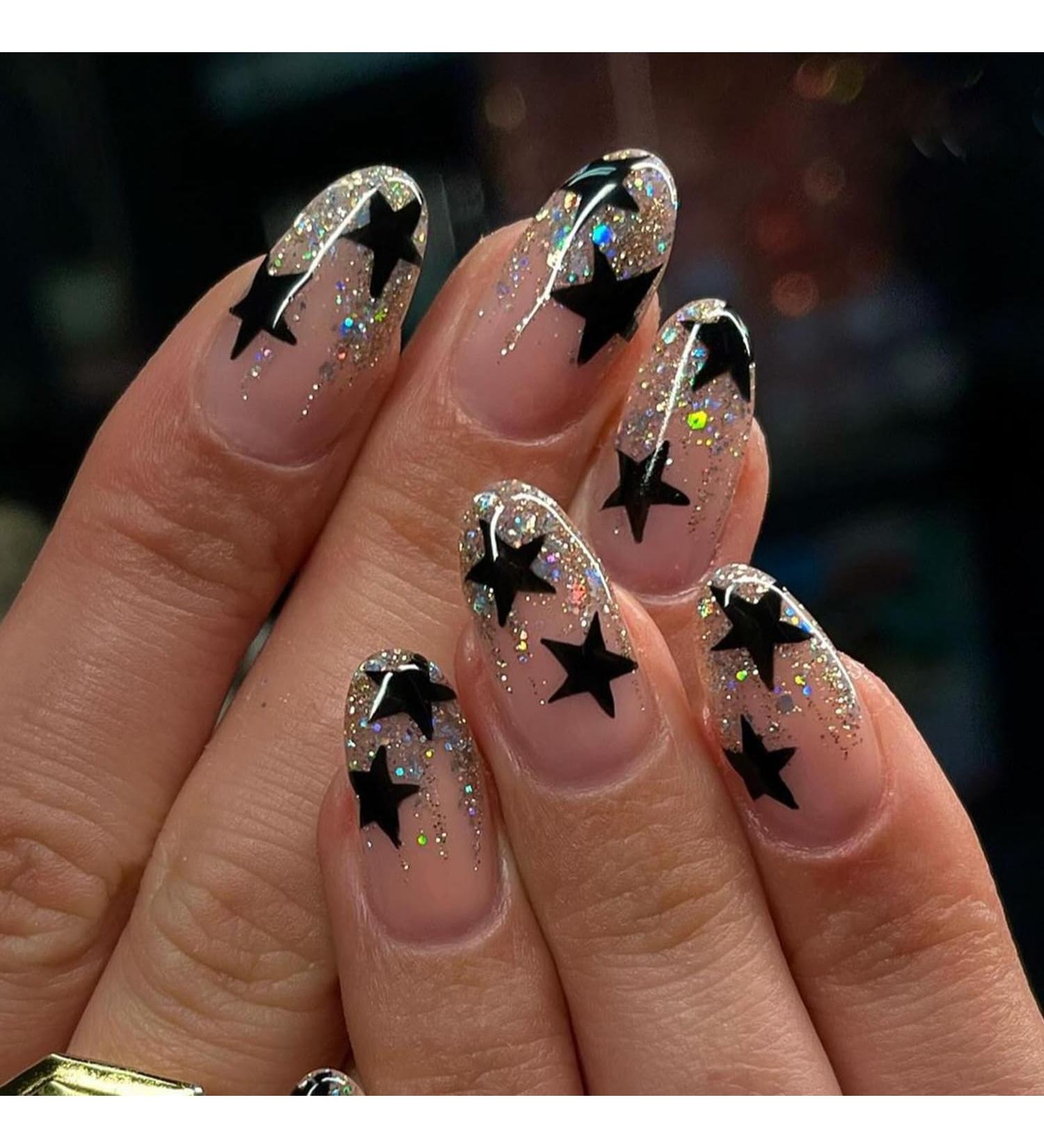 Black Star Press on Nails - Long Oval Fake Acrylic Nails with Silver Glitter Design | Reusable & DIY Manicure Decoration for Women - Buy Online on GoSupps.com