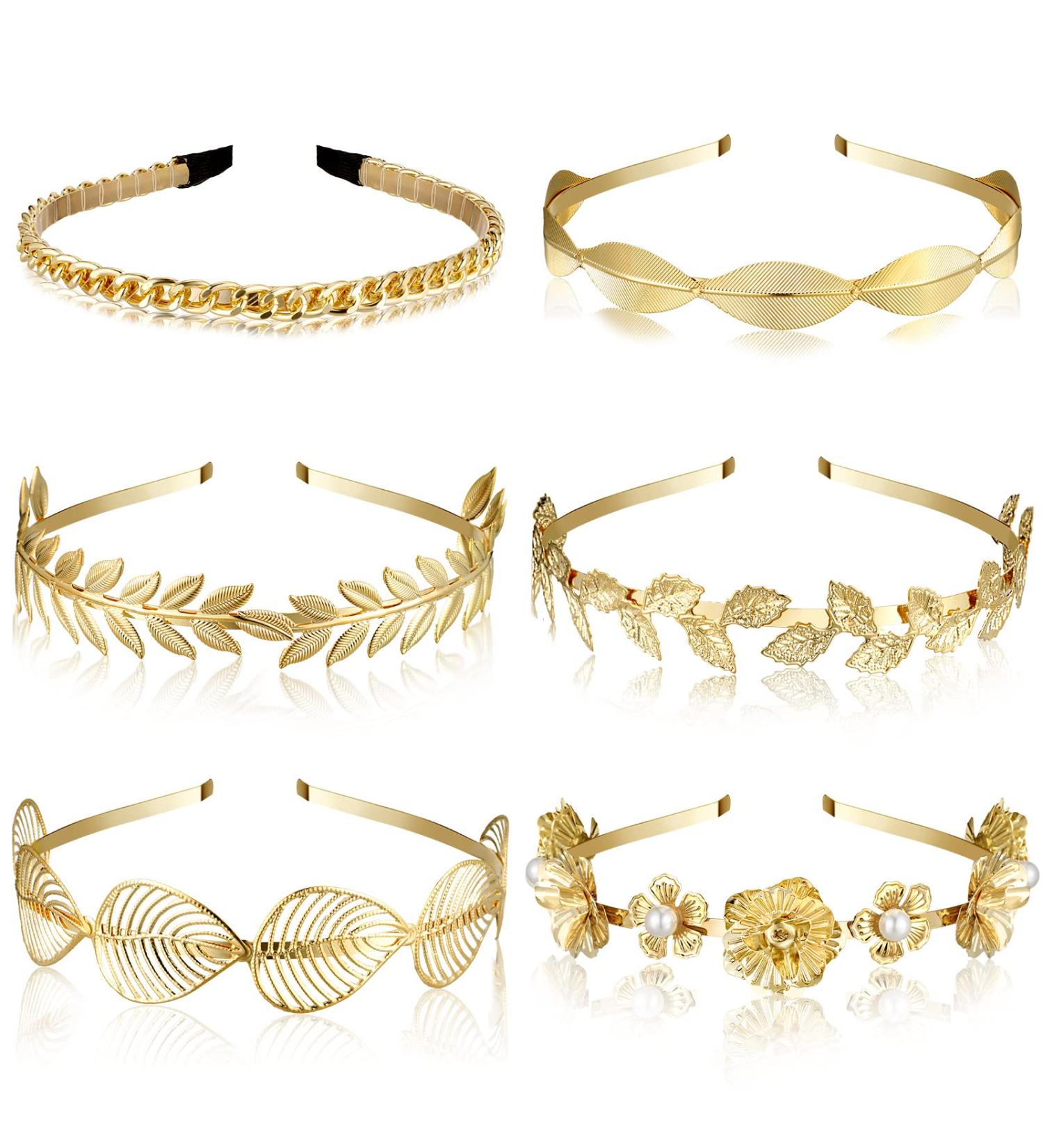 6 Pcs Gold Leaf & Pearl Headbands Set - Roman Greek Goddess Accessories for Women - Prom Headpiece Crown - Bridal Hairband (Graceful Style) - Buy Online on GoSupps.com