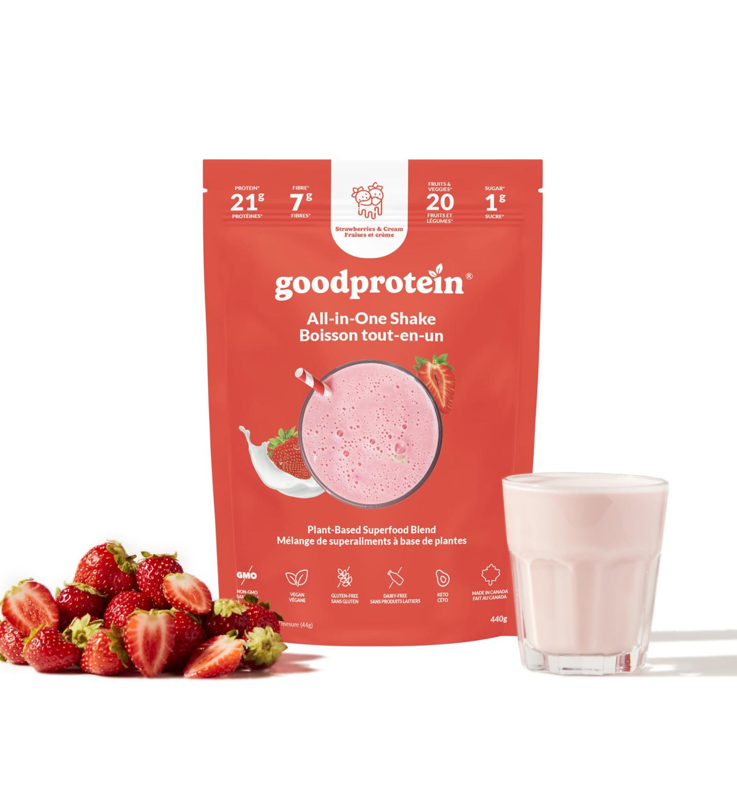 Good Protein Vegan Plant-based Protein Powder 100% Natural Non-GMO Dairy-free Gluten-free Soy-free No Added Sugar and Nothing Artificial. Strawberries & Cream All-in-One Shake 440 grams Strawberries & Cream 440 g - Buy Online on GoSupps.com
