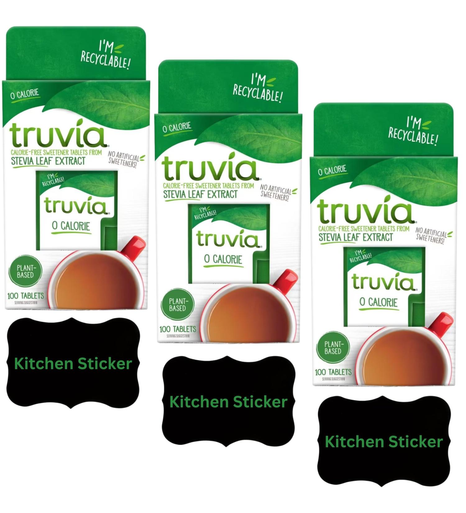 Stevia Sweetener Sugar Free Bundle with Truvia Tablets 3 x 100 pcs Plant-Base Diabetic Sweets and 3 x Wishesla Black Reusable Waterproof Label Stickers - Buy Online on GoSupps.com