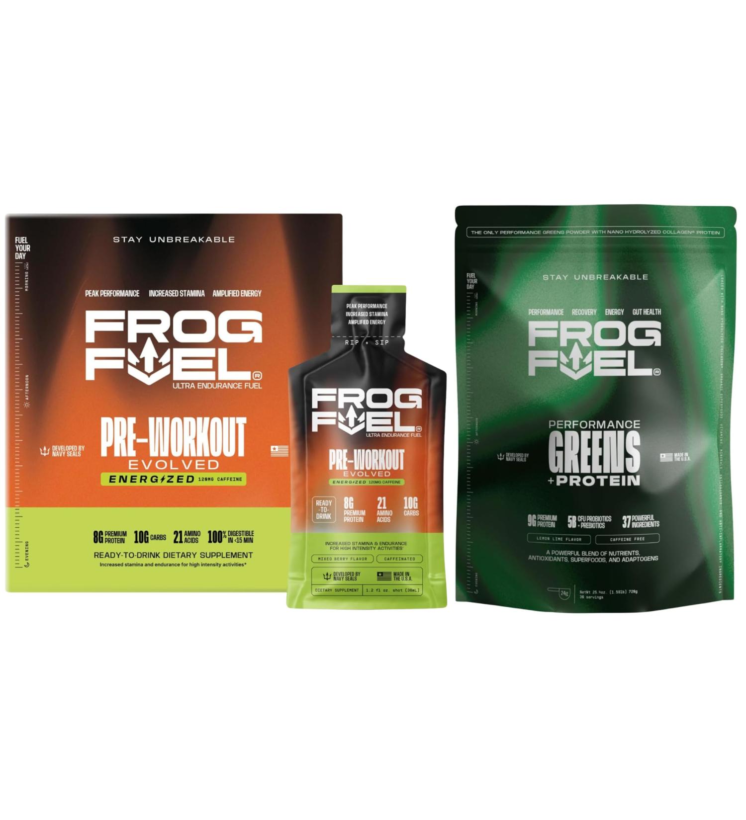 Frog Fuel Ultra Energized Pre Workout Shot & Energy Gel & Performance Greens Protein Powder 8g Protein Nano-Hydrolyzed Collagen Nano-Hydrolyzed Protein Greens Powder 24 Pack & 30 Servings - Buy Online on GoSupps.com