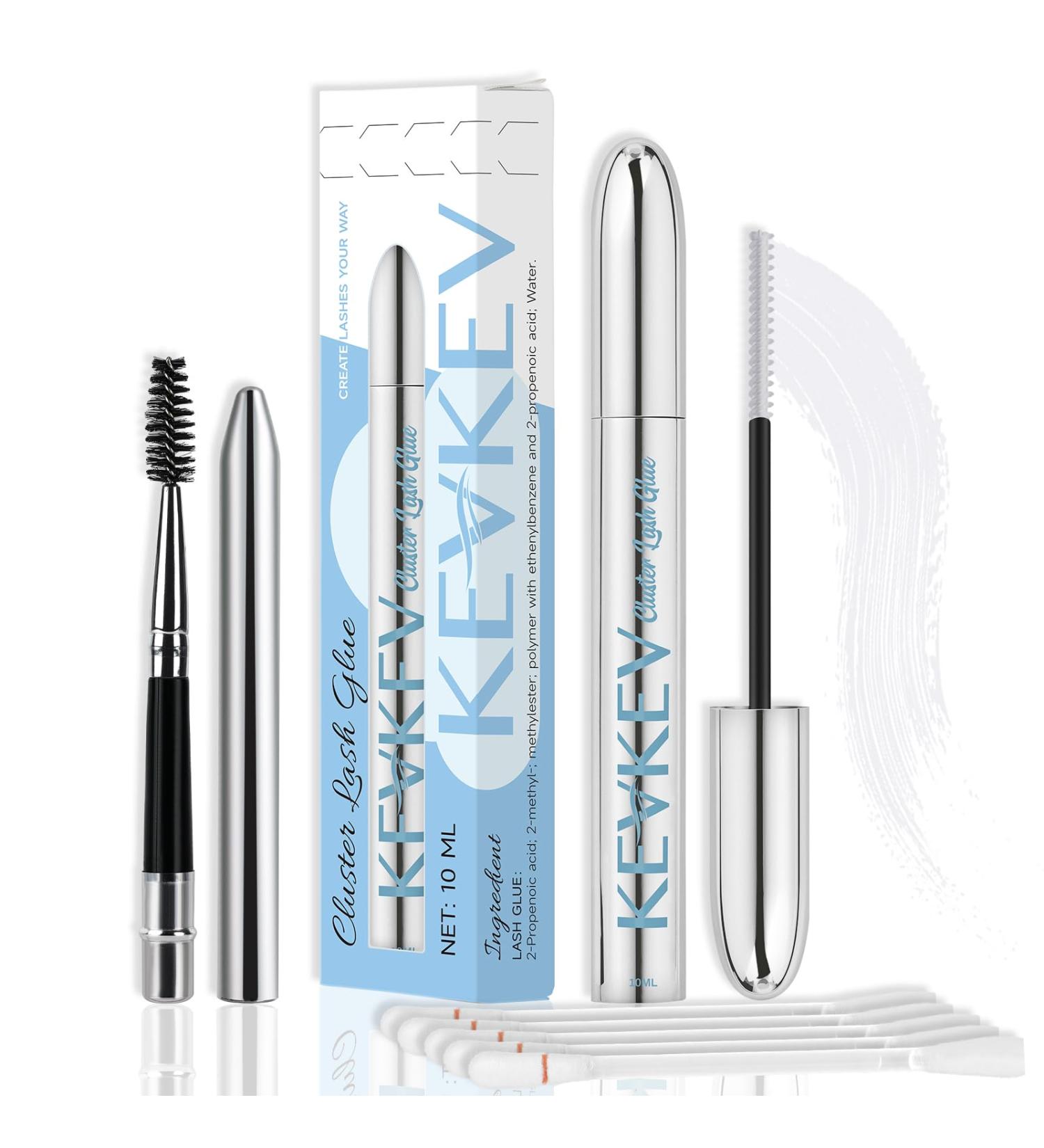 KevKev Eyelash Glue for Lash Clusters - Quick Dry Super Strong Hold 10ml Clear - Includes Remover & Cotton Swabs - Buy Online on GoSupps.com