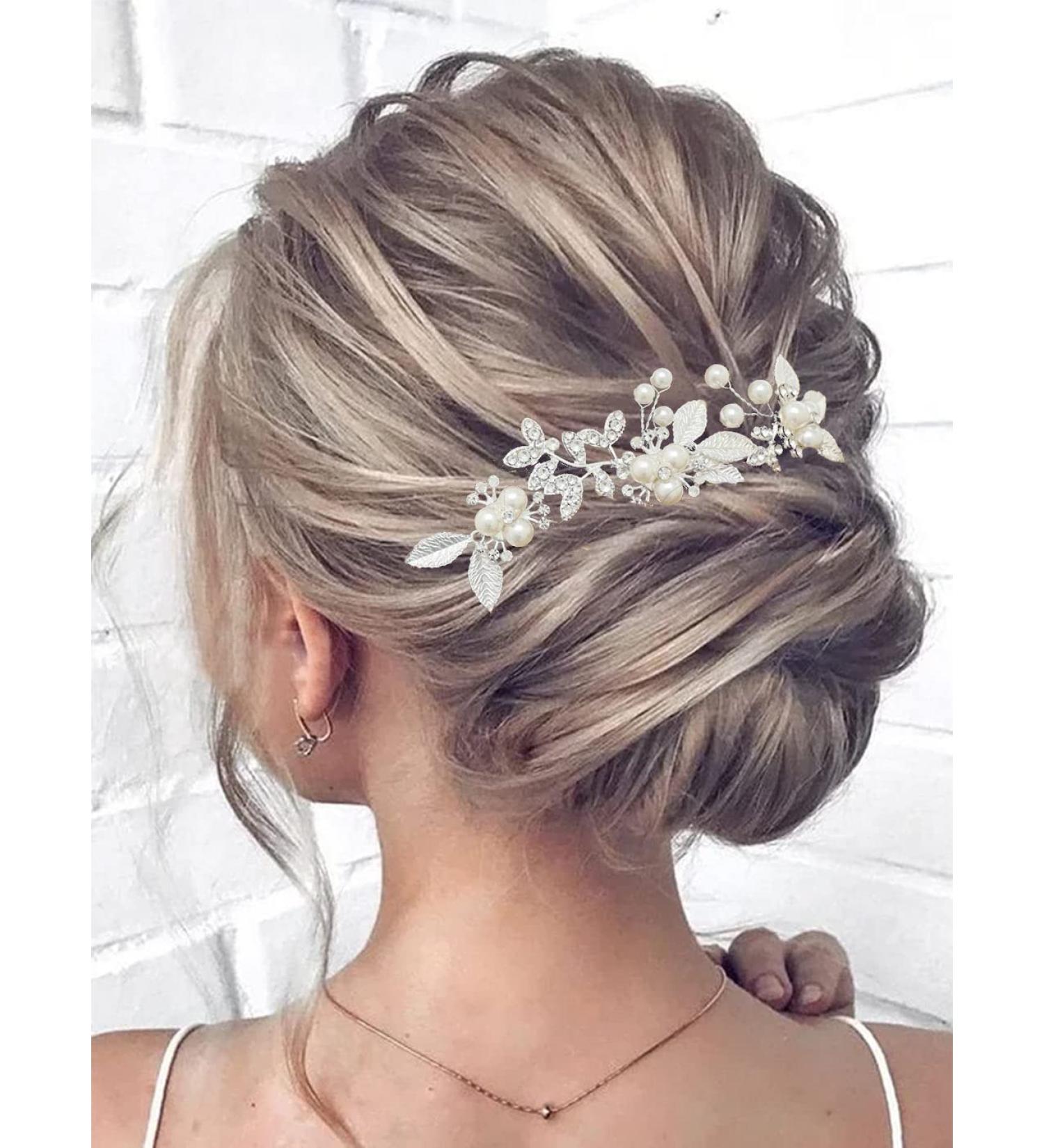 Silver Leaf Bridal Hair Pins - Rhinestone Hair Accessories for Bride - Pack of 3 - Buy Online on GoSupps.com