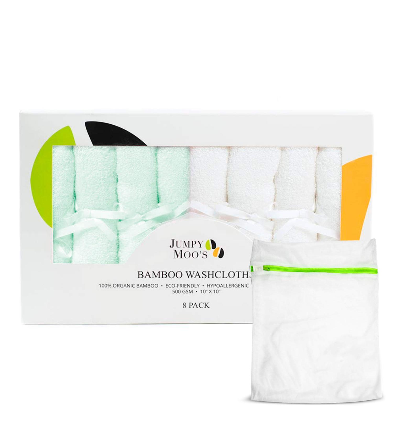 JM Bamboo Baby Washcloths Set - 8 Soft Cloths for Sensitive Skin | 25x25 cm Green & White with Laundry Bag - Ideal for Baby Care - Buy Online on GoSupps.com