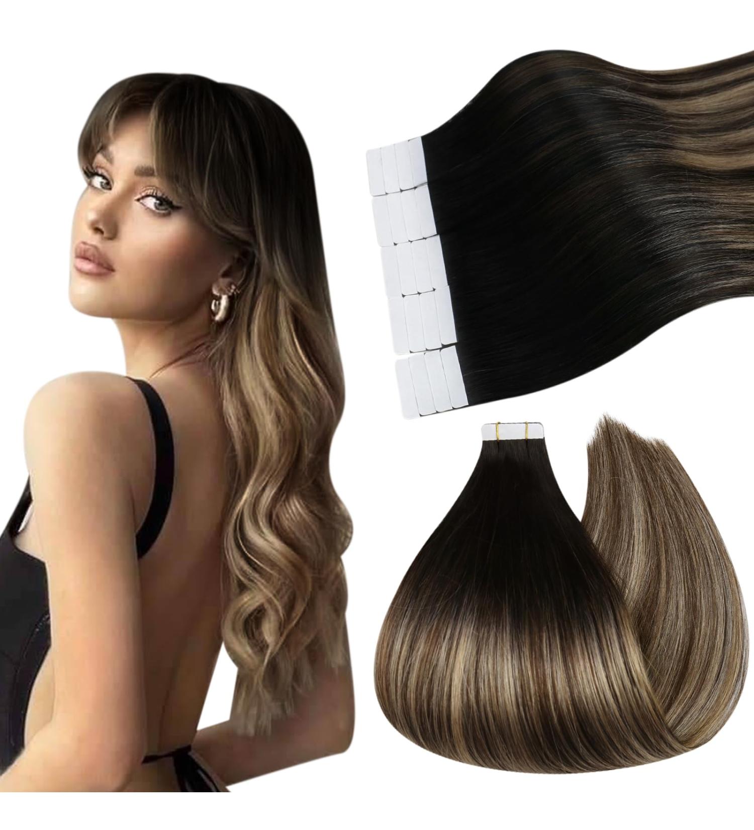 Ugeat Balayage Brown Tape Extensions - Real Remy Hair 60cm 20 Pieces 50g - Invisible #1B/4/27 - Buy Online on GoSupps.com