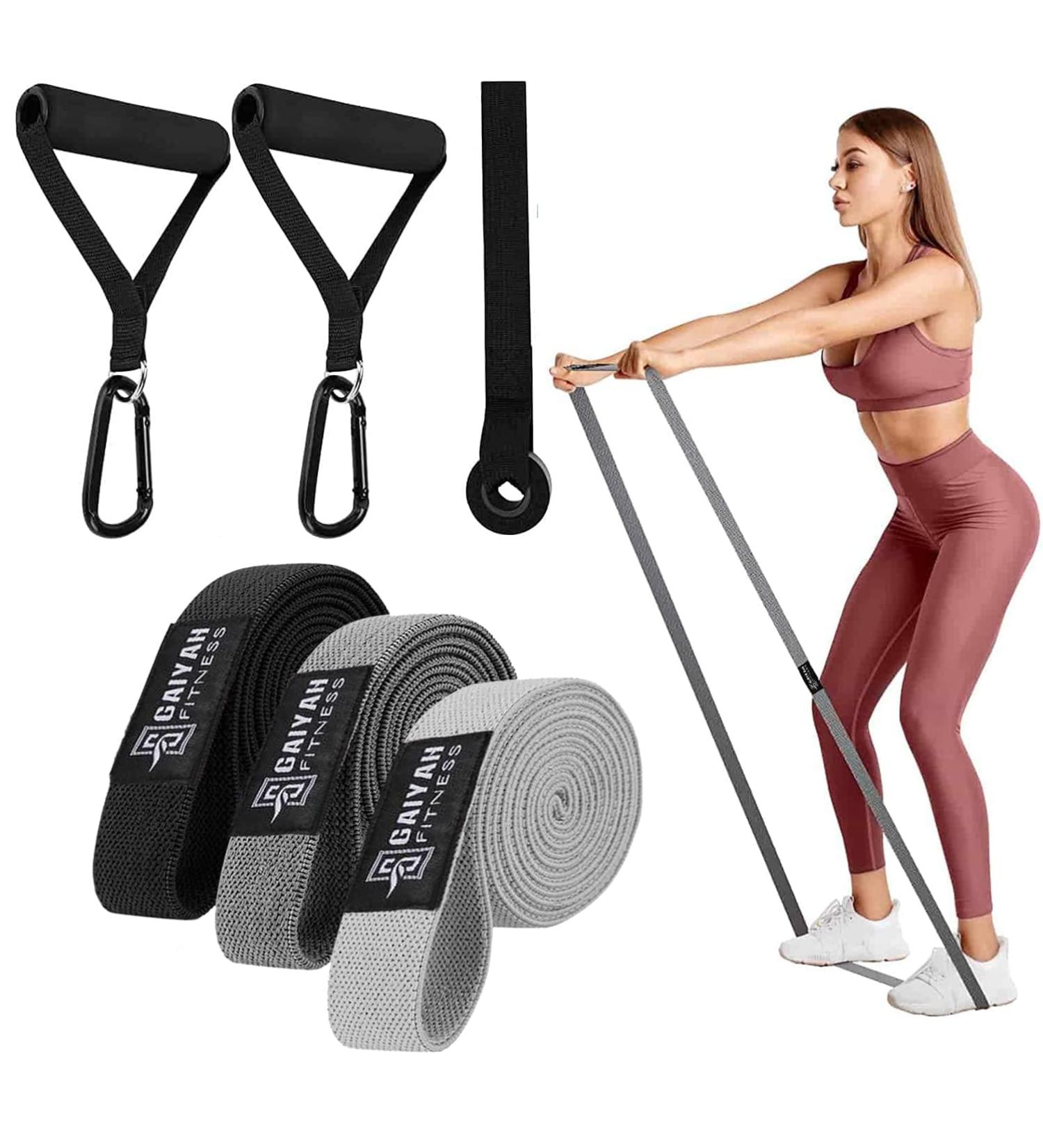 GAIYAH Fitness Fabric Resistance Bands Set for Women - Long Pull Up Bands with Handles for Exercise - Stretch Loop Bands in Gray, Dark Gray, and Black - Buy Online on GoSupps.com