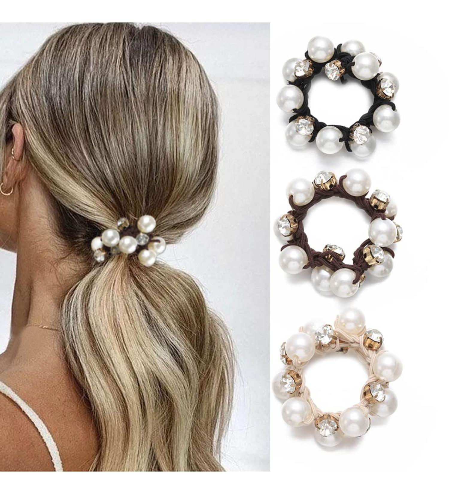 Bartosi Pearl Hair Ties - Black Elastic Scrunchies with Crystal Beads - Pack of 3 - Buy Online on GoSupps.com