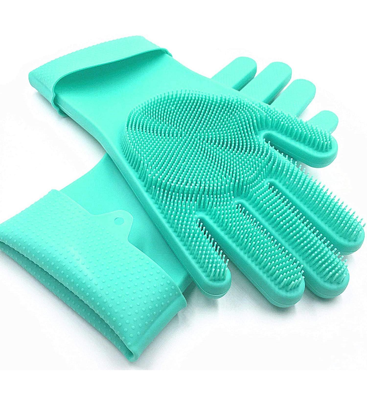 Louis Donne Silicone Cleaning Gloves - Reusable Wash Gloves with Bristles - Dishwashing Gloves with Scrubber - Ideal for Household, Car Washing, and Pet Grooming - Green - Buy Online on GoSupps.com
